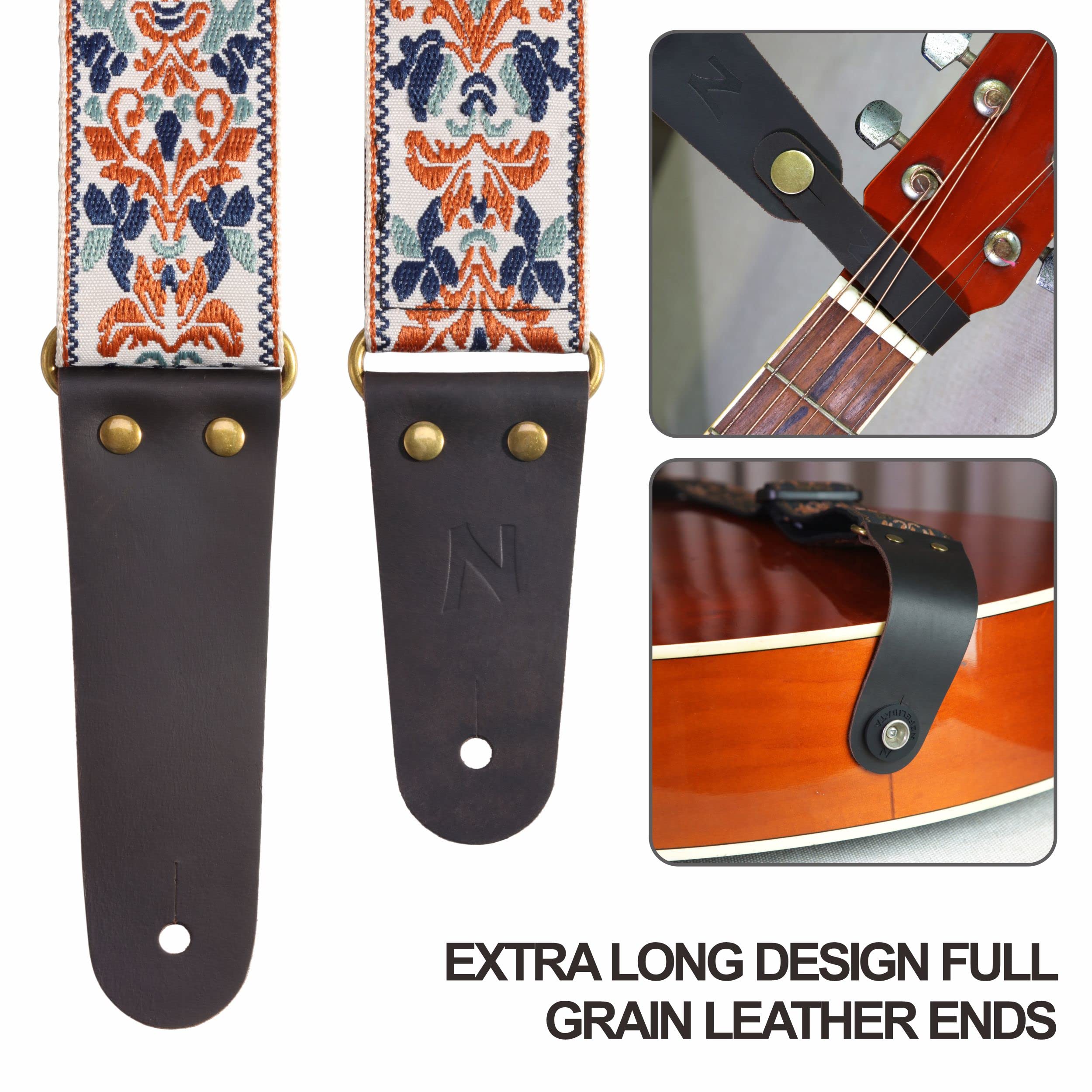 Nefelibata Guitar Strap, 2 Jacquard Embroidery Guitar Straps, Full Grain Leather Ends With Invisible Pocket, For Bass, Electric