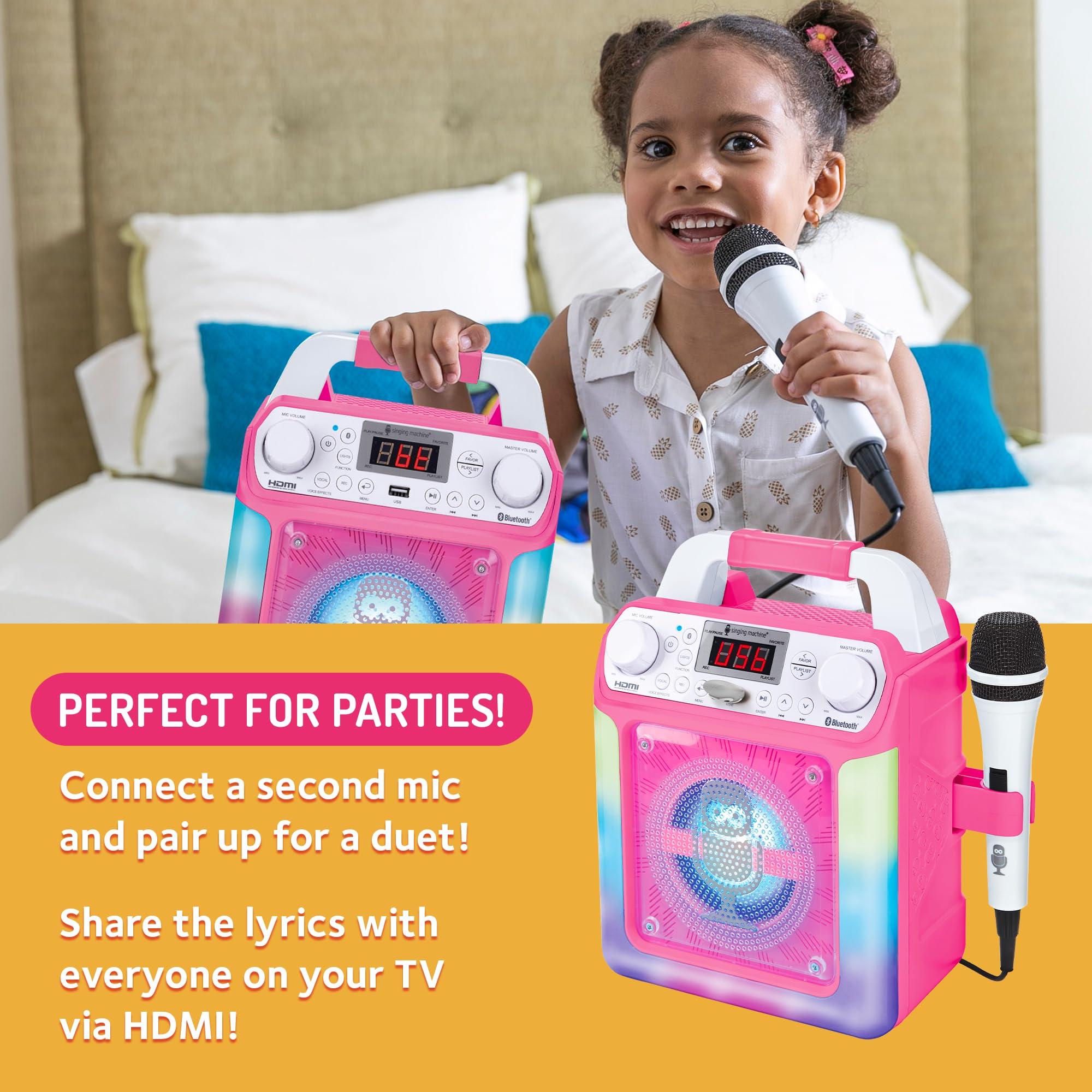 Portable Karaoke Machine For Adults & Kids   Built In Speaker, Bluetooth, Led Lights, Wired Mic   With Voice Changing Effects