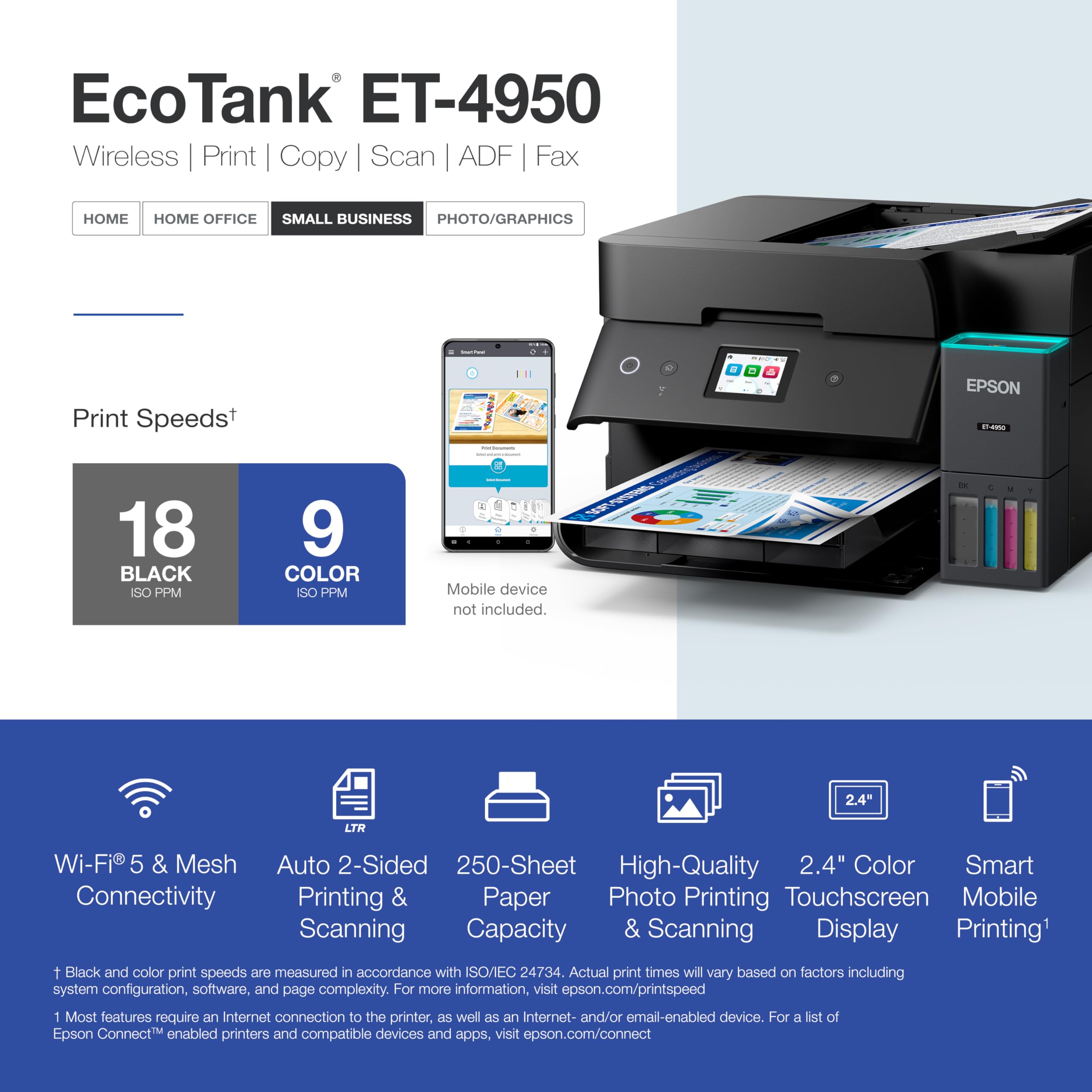 Epson Ecotank Et-4950 Wireless All-In-One Color Supertank Printer With Up To 3 Years Of Ink, Refillable Tanks, Perfect For Home,