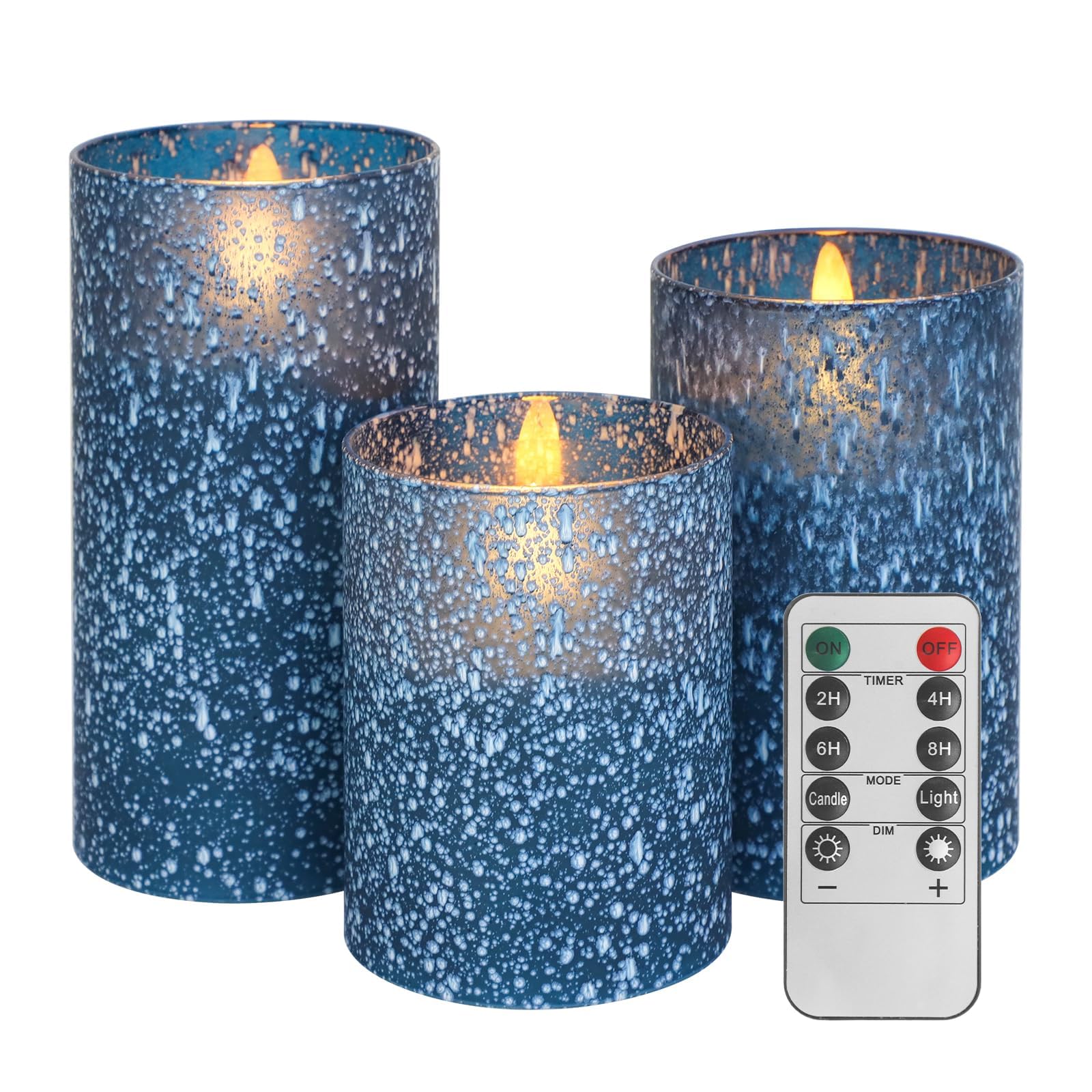 Blue Flameless Candles With Remote, Real Wax Glass Battery Operated Candles With Timer, Led Pillar Candle For Bedroom Home Weddi