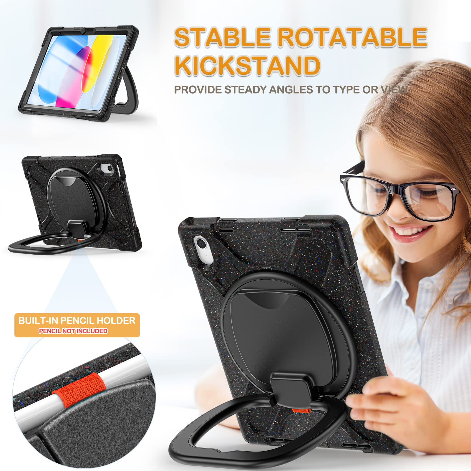 Braecn Case For Ipad 10Th Generation 2022 10.9    A2696 A2757 A2777, Heavy Duty Rugged Silicone Case With Swivel Ring Stand/Kick