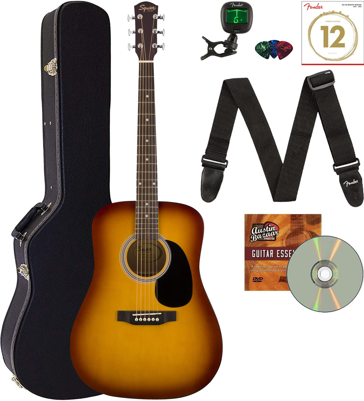 Fender Squier Dreadnought Acoustic Guitar   Sunburst Bundle With Hard Case, Tuner, Strap, Strings, Picks, And Austin Bazaar Inst