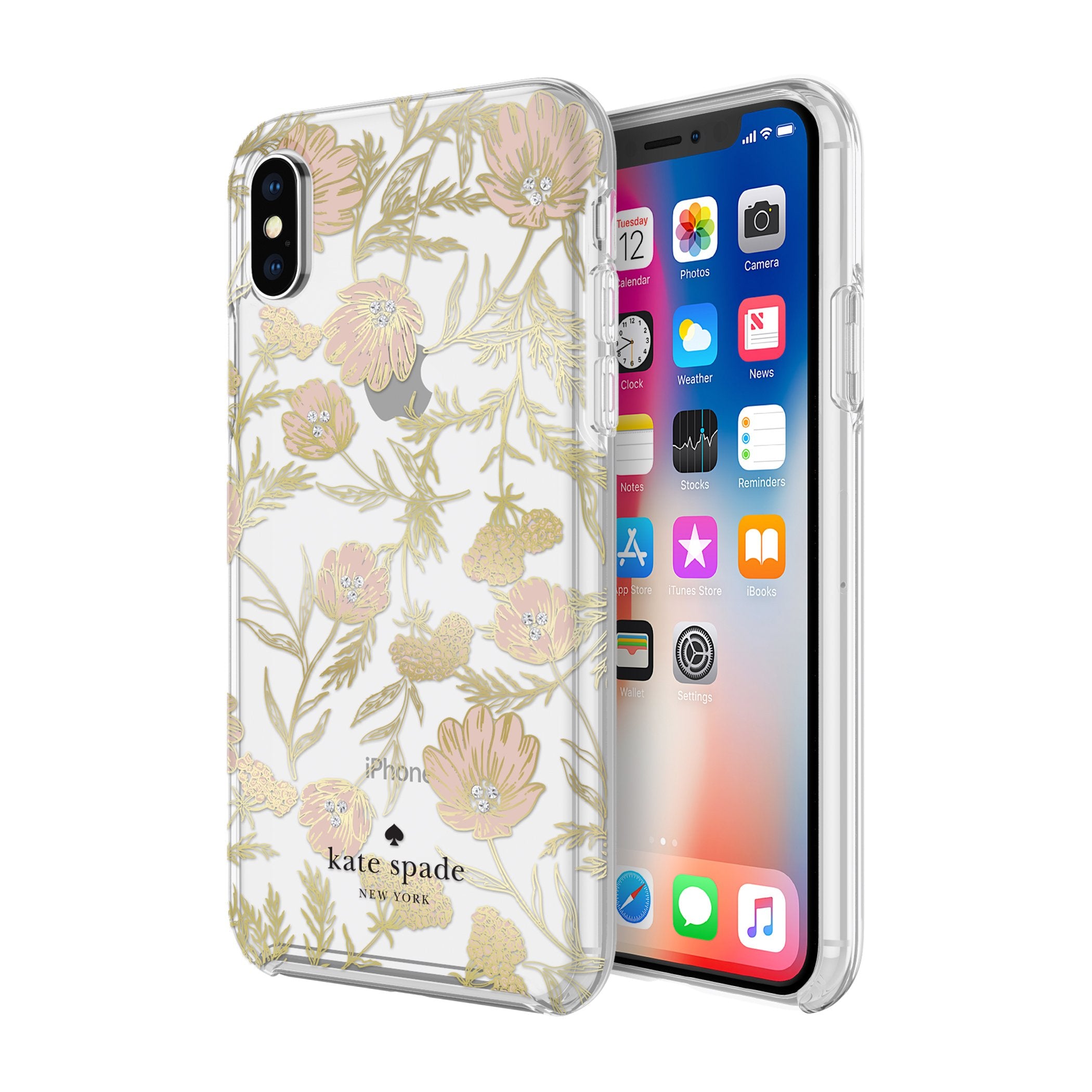 Kate Spade Floral Iphone X/Xs Case   Slim, Bumper Protection, Blossom Pink/Gold With Gems