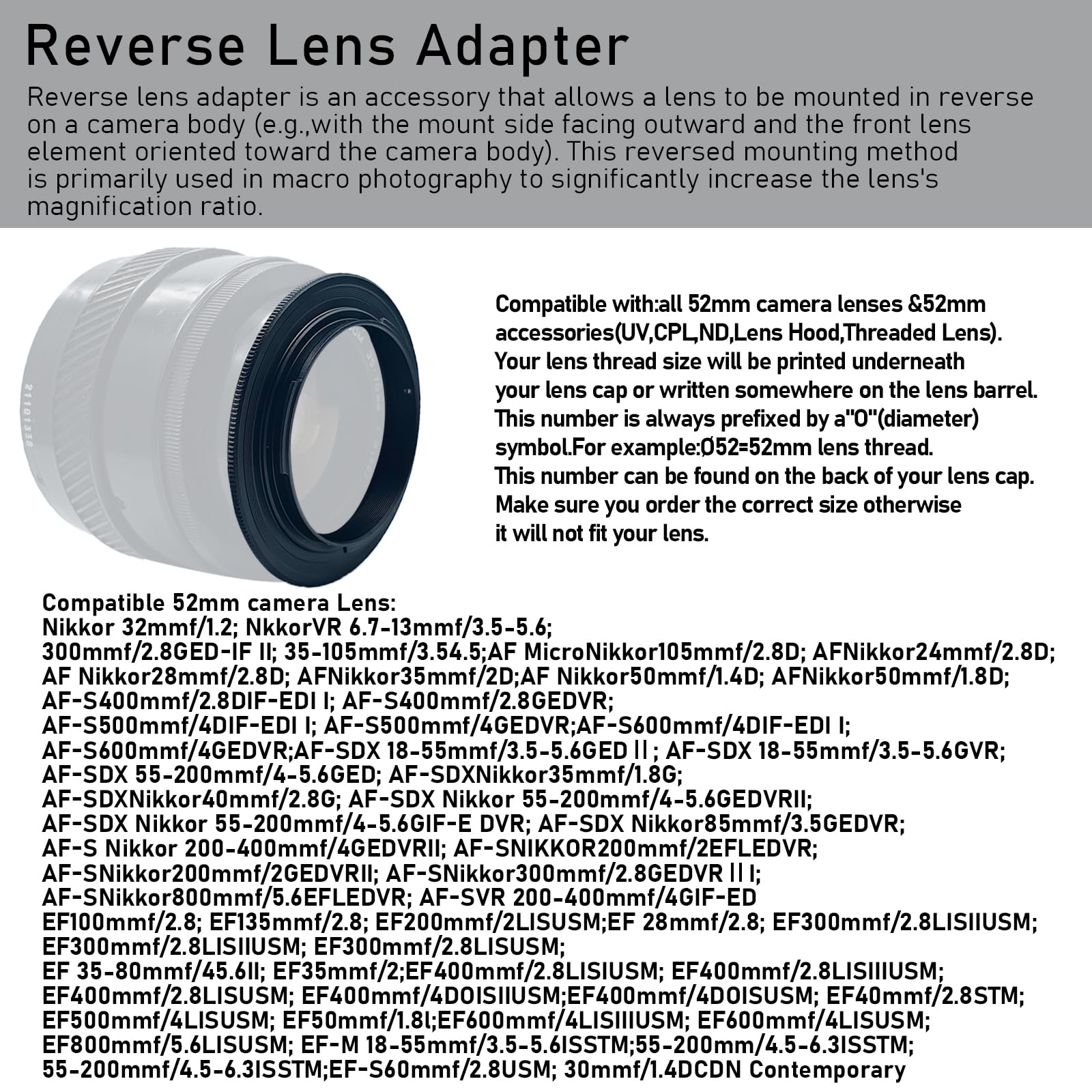 52Mm To Ef/R Macro Lens Reverse Ring Compatible With Ef-R Full Famer Camera,With 52Mm Filter Thread Lens Ef100Mmf/2.8, Ef135Mmf/