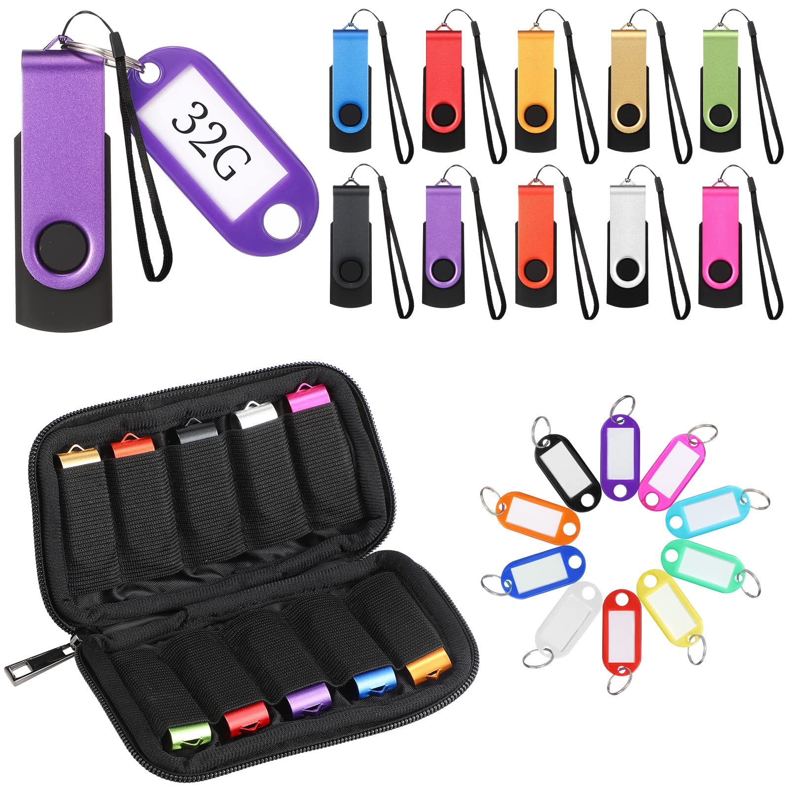 10 Pack Flash Drives Zip Drives With Lanyards, Key Tags And Storage Case Metal Usb 2.0 Thumb Drives Multi Pack Bulk Swivel Memor
