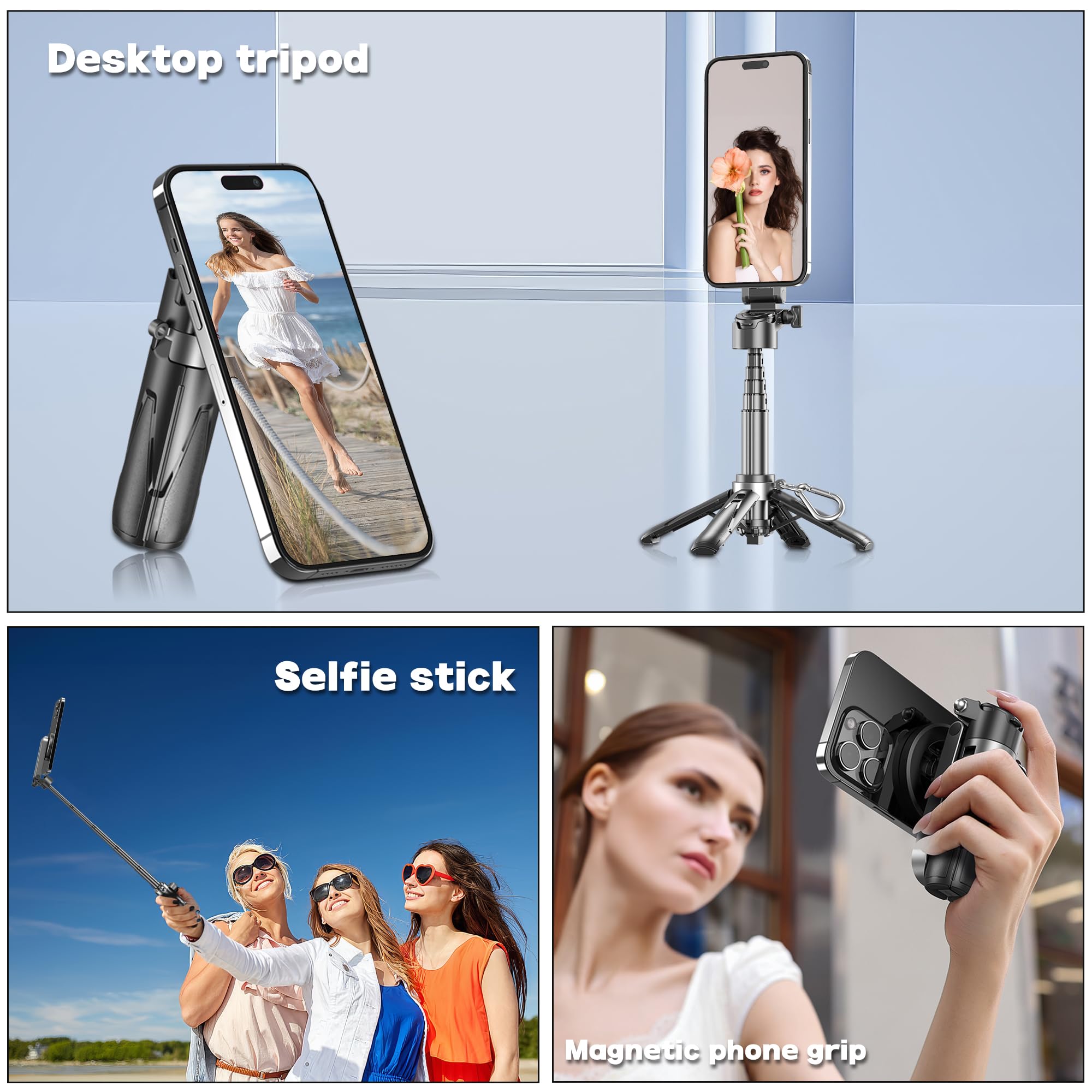 Magnetic Tripod For Phone With Remote Control, Extendable Selfie Stick Handle Grip Pocket Size, 4-In-1 Mini Phone Grip, 10M Wire