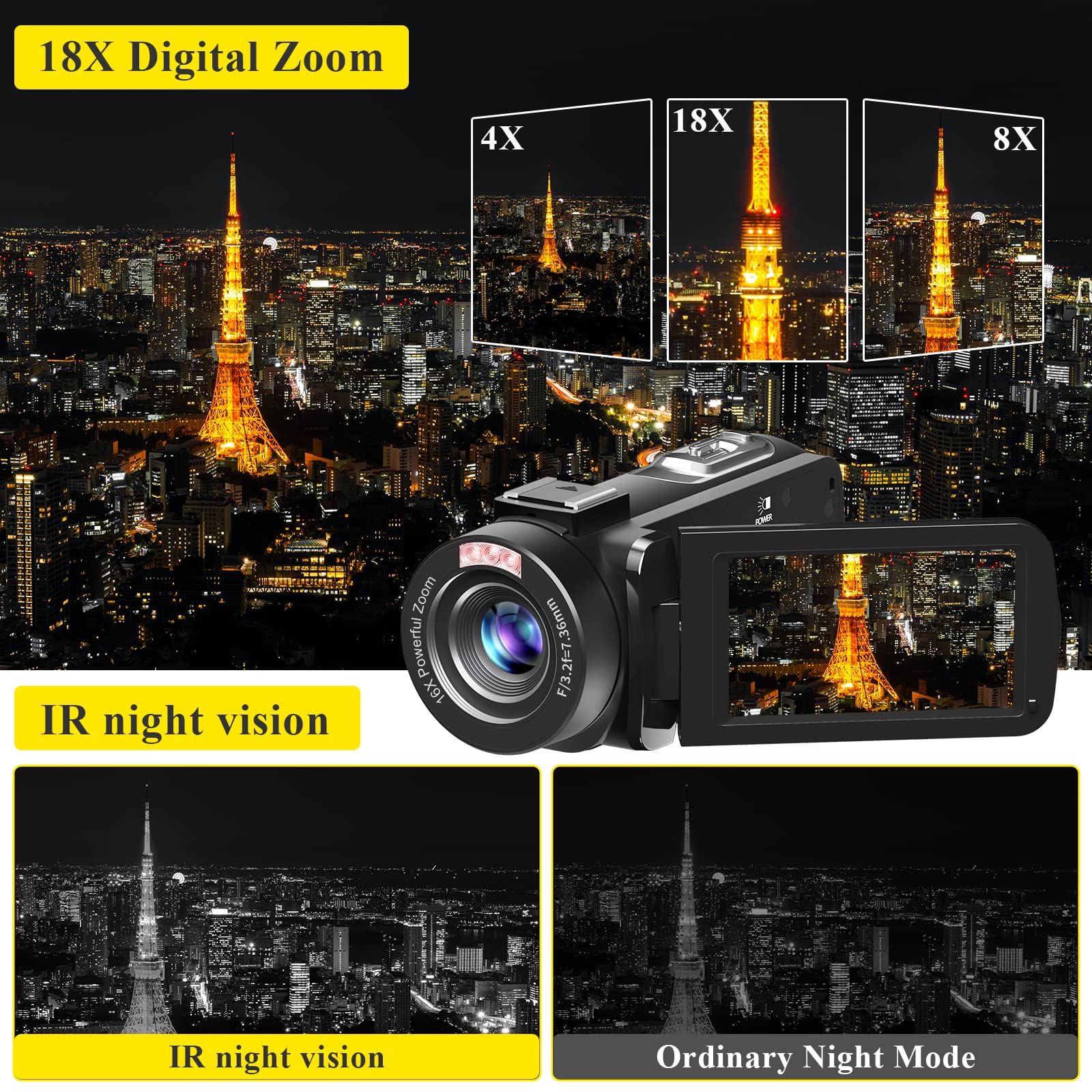 Video Camera, Full Hd 1080P 30Mp Camcorder, Vlogging Camera For Youtube With Infrared Night Vision, 18X Digital Zoom 3.0 Lcd Scr