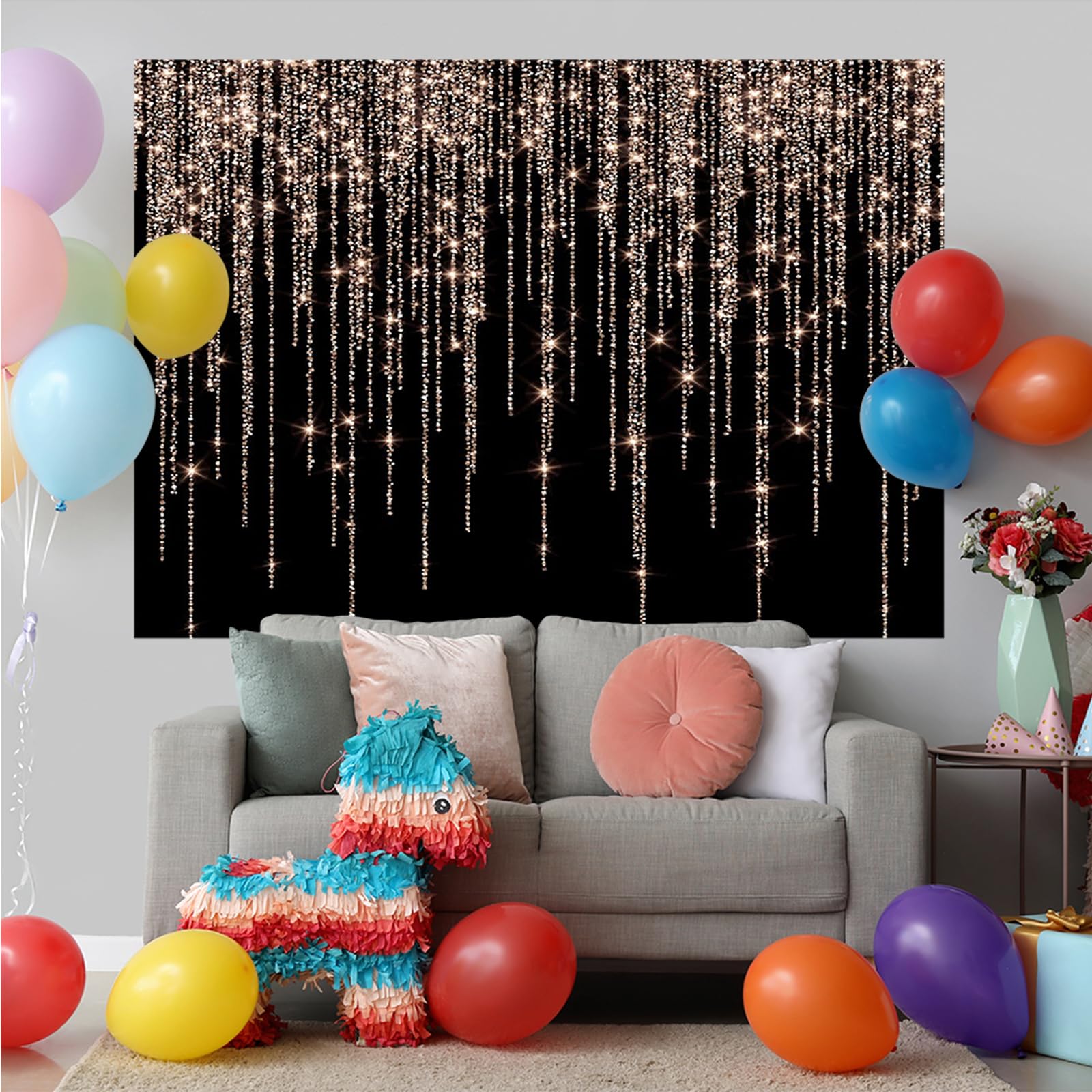 Aperturee Glitter Rose Gold And Black Backdrop 7X5Ft Sweet 16Th Birthday Girls Photography Background Women Bridal Shower Kids Portraits Baby Shower Party Decorations Banners Photo Studio Props