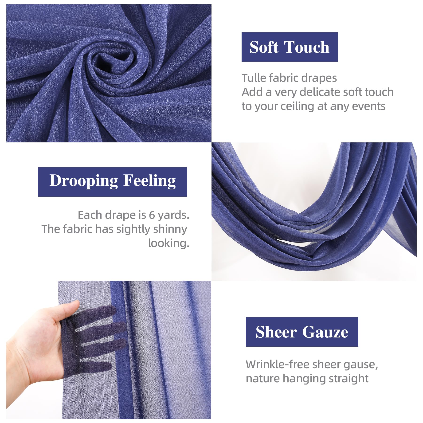 Wedding Arch Draping Fabric, 1 Panel 6 Yards Wedding Backdrop Curtains For Ceremony Navy Blue Sheer Fabric Curtains For Party Ce