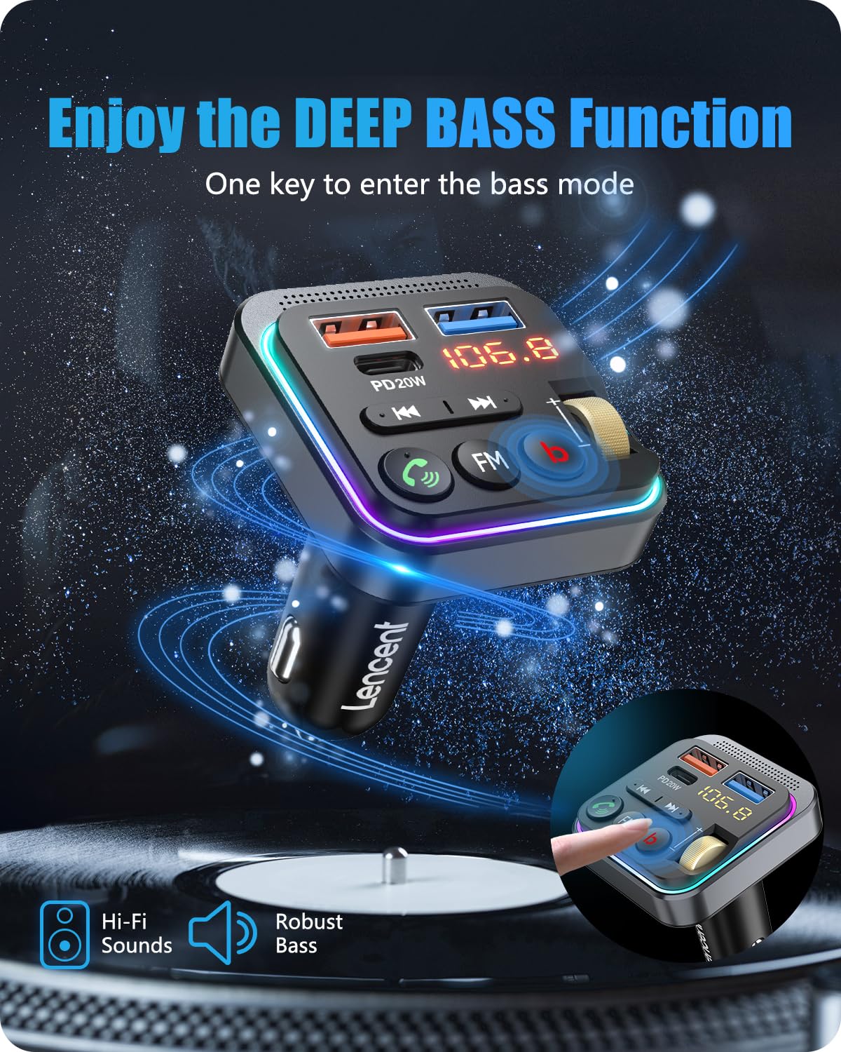 Lencent Bluetooth 5.0 Fm Transmitter For Car, [Pd 20W + Qc 3.0] Usb Charger Music Radio Adapter, Wireless Microphone &Hifi Bass