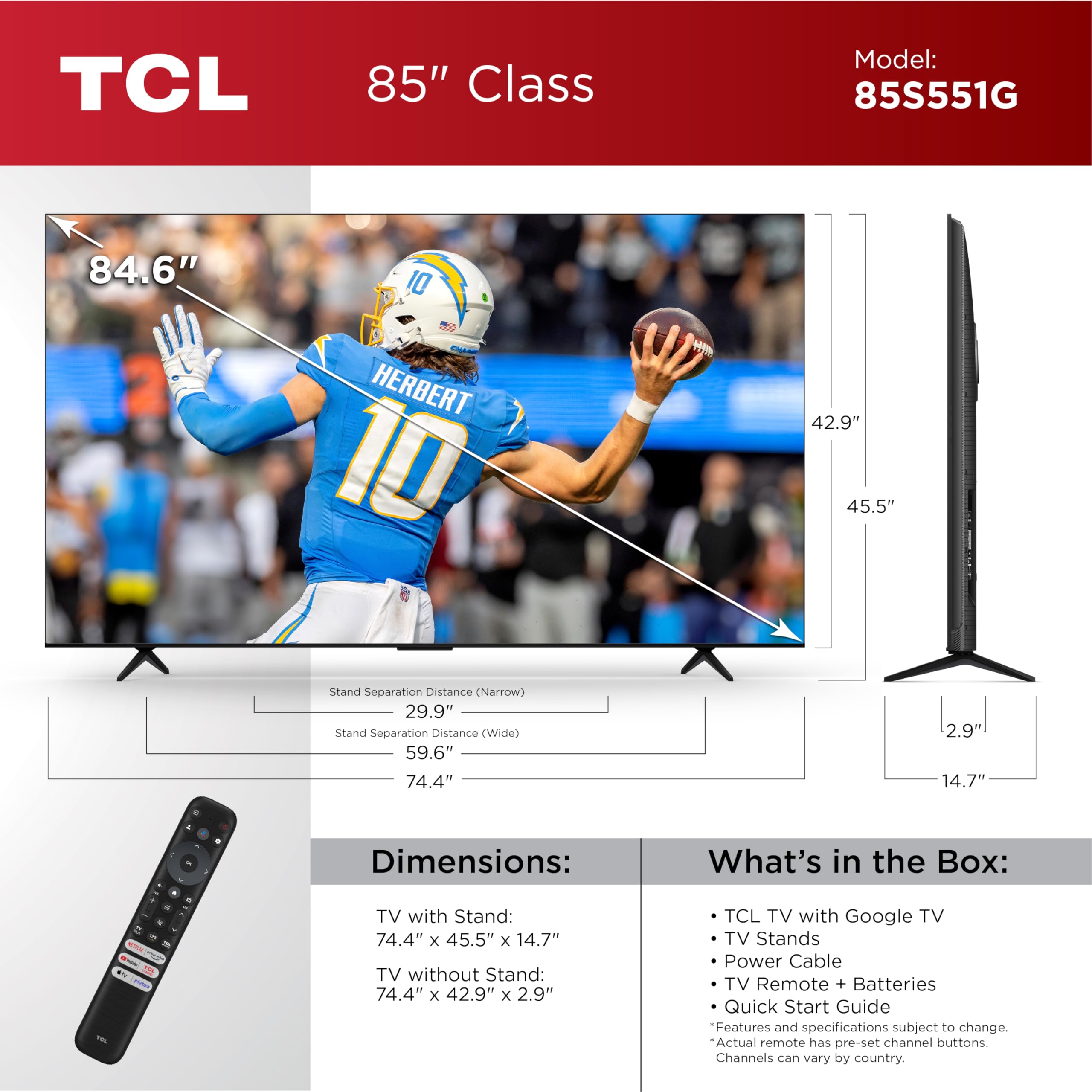 Tcl 85 Inch Class S5 4K Uhd Led Smart Tv With Google Tv (85S551G, 2024 Model), Google Assistant Built In With Voice Remote, Comp