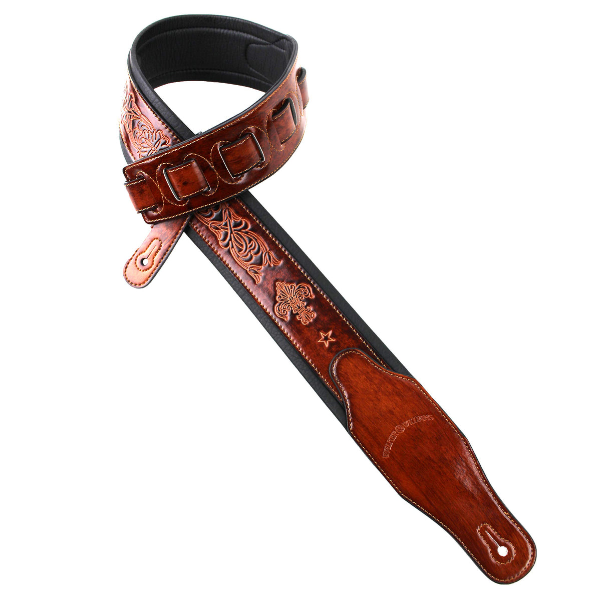 Walker And Williams Gb 22 Bourbon Brown Padded Guitar Strap With Fleur De Lis & French Chain Design For Acoustic, Electric, And 