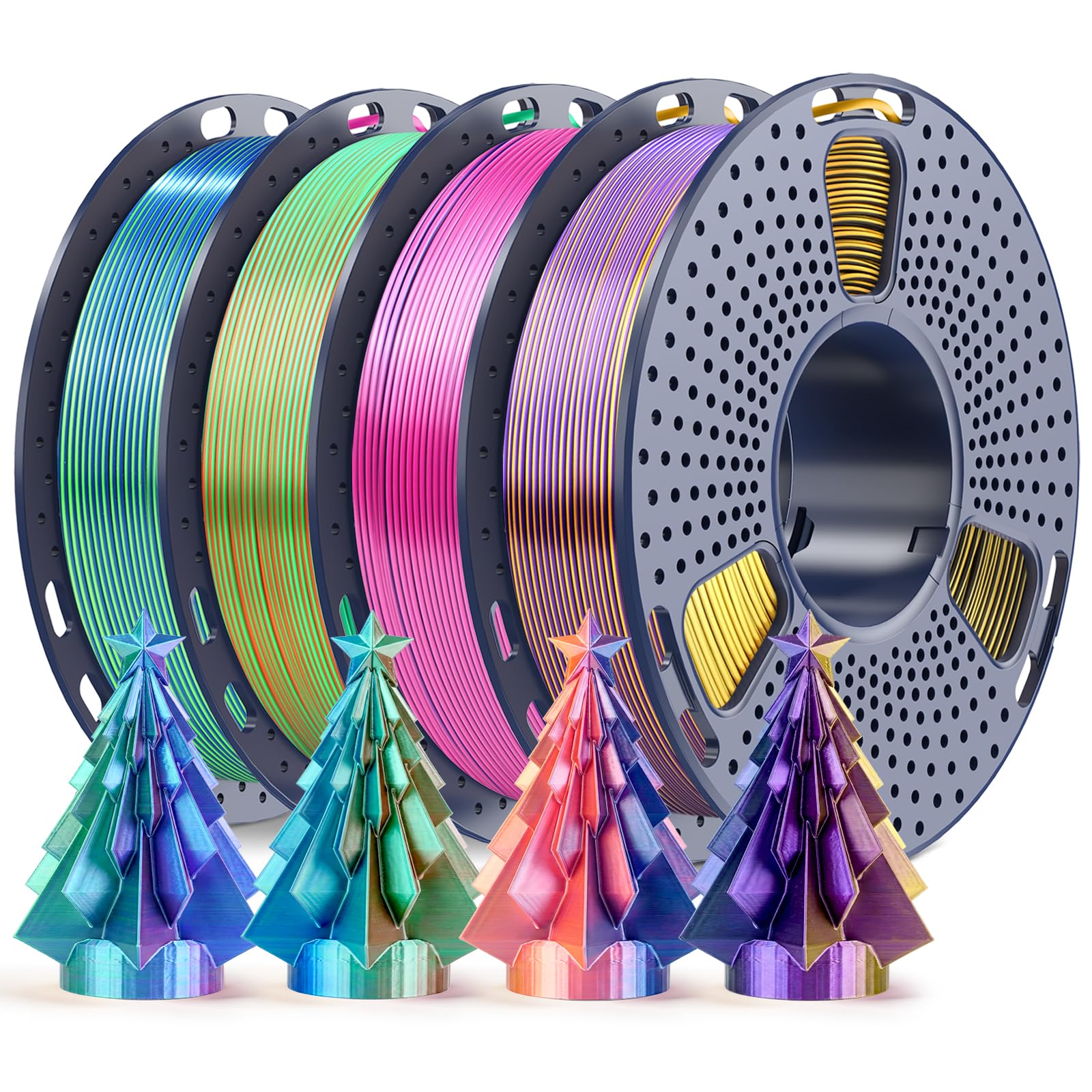 250g Silk Triple Color PLA Filament 1.75mm Bundle, SUNLU 3D Printer Filament, Coextruded Shiny PLA, Vacuum Packed, 4 Rolls, Blac