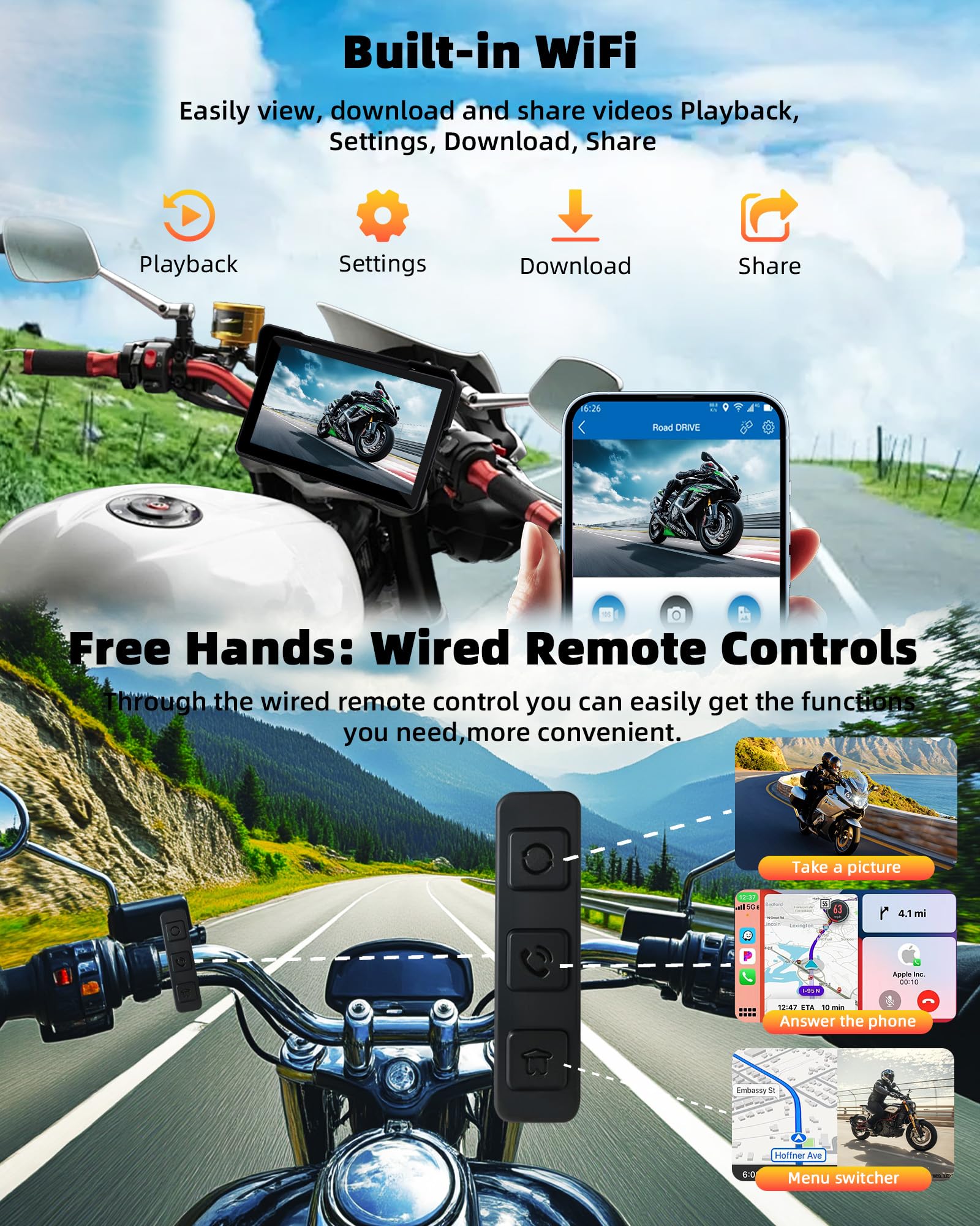 2025 Motorcycle Carplay Screen 7 4K+1080P Dash Cam Front And Rear Android Auto Wireless Carp Lay Waterproof For Moto With Dual C