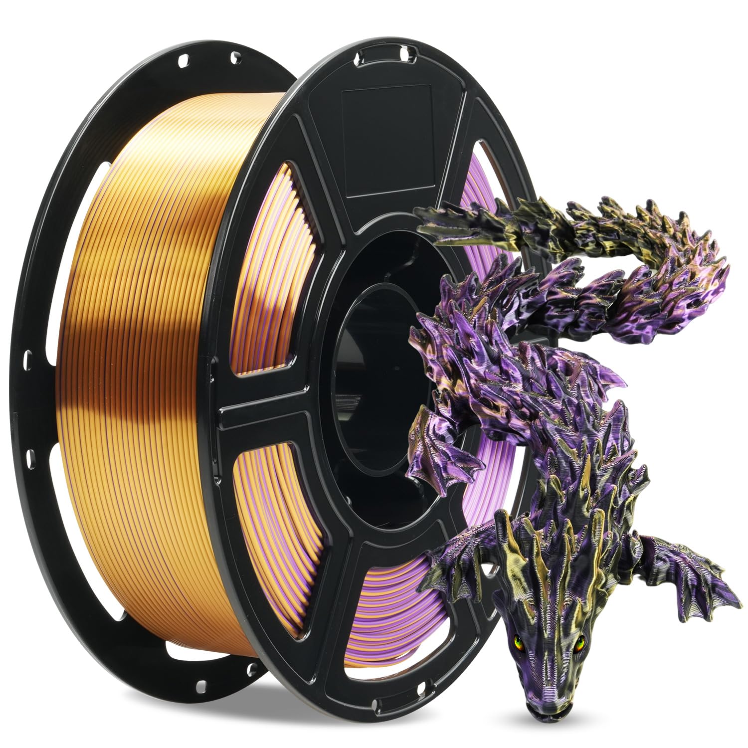 FLASHFORGE Silk Tri-Color PLA Filament 1.75mm, Coextrusion Black Gold Purple Triple Color Rainbow 3D Printer Filament, Enchantin