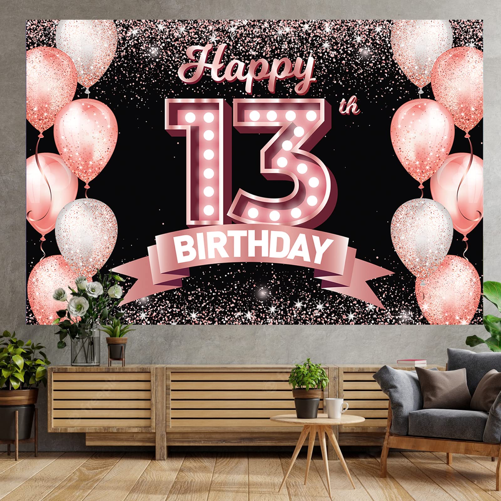 Happy 13Th Birthday Rose Gold Banner Backdrop Cheers To 13 Years Old Confetti Balloons Theme Decor Decorations For Girls 13 Year
