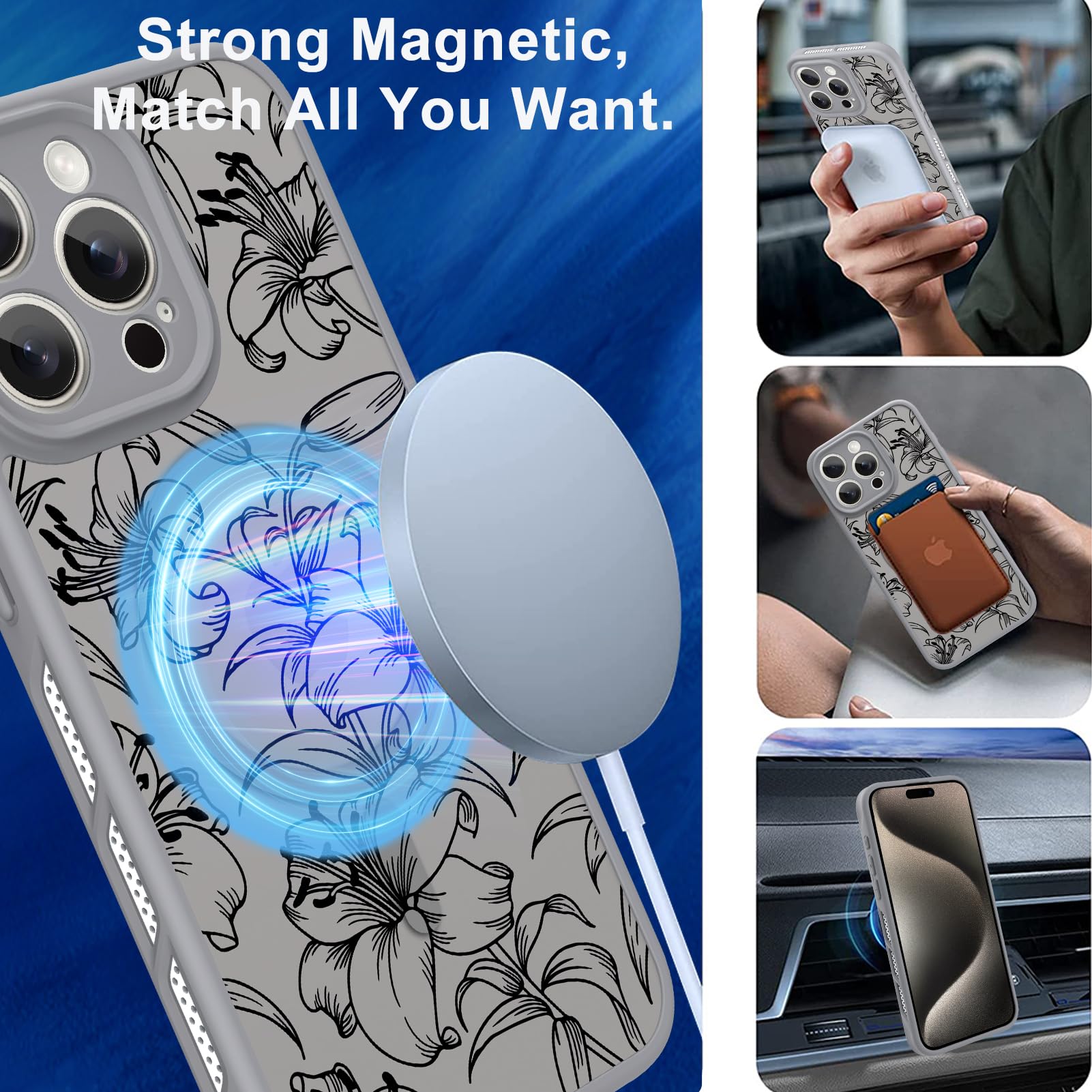 Ook Magnetic For Iphone 15 Pro Max Case Grey Flower Lily Pattern [Compatible With Magsafe] Slim Translucent Matte Camera Lens Pr