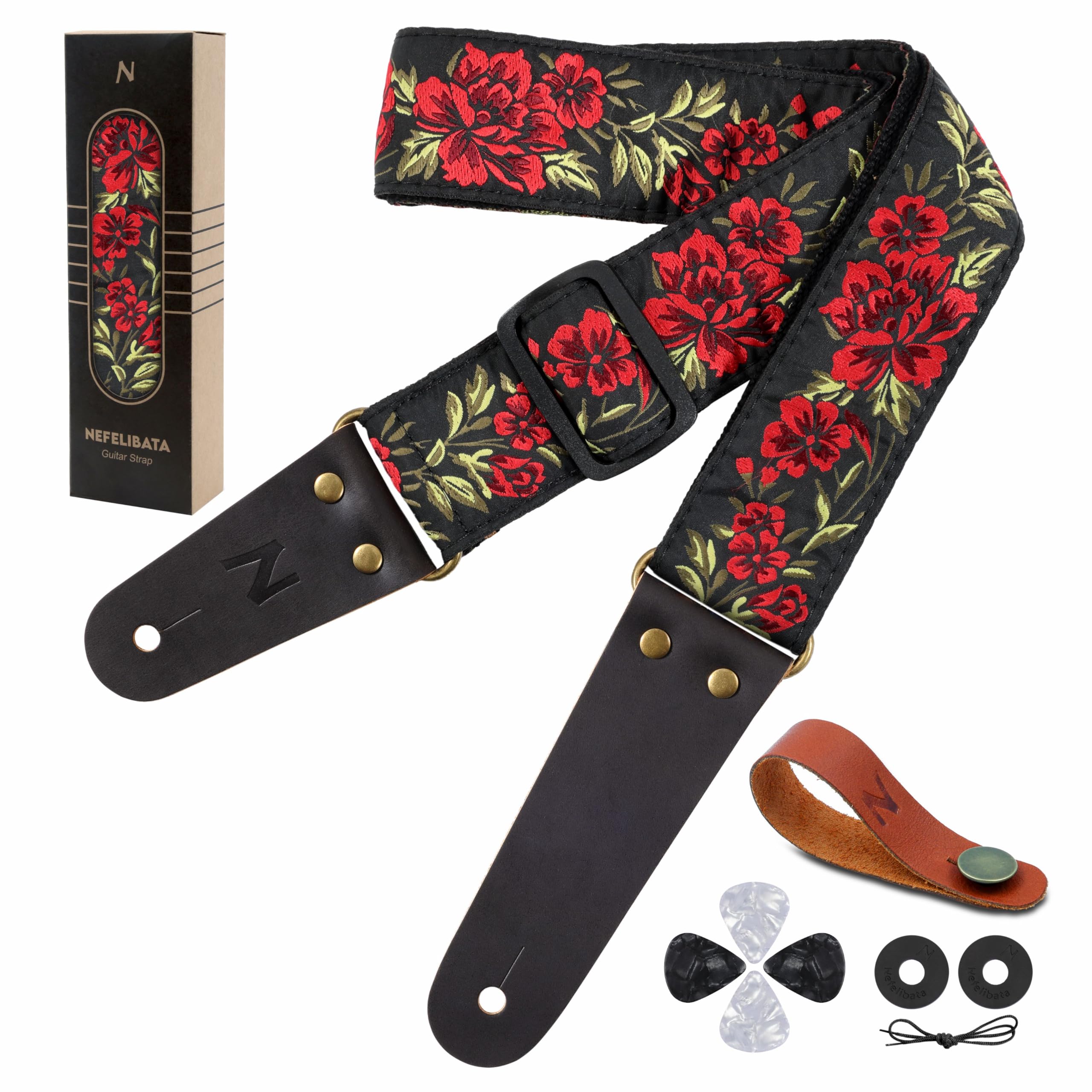 Nefelibata Guitar Strap, 2'' Cotton Embroidery Guitar Straps, Full Grain Leather Ends With Invisible Pocket, For Bass, Electric