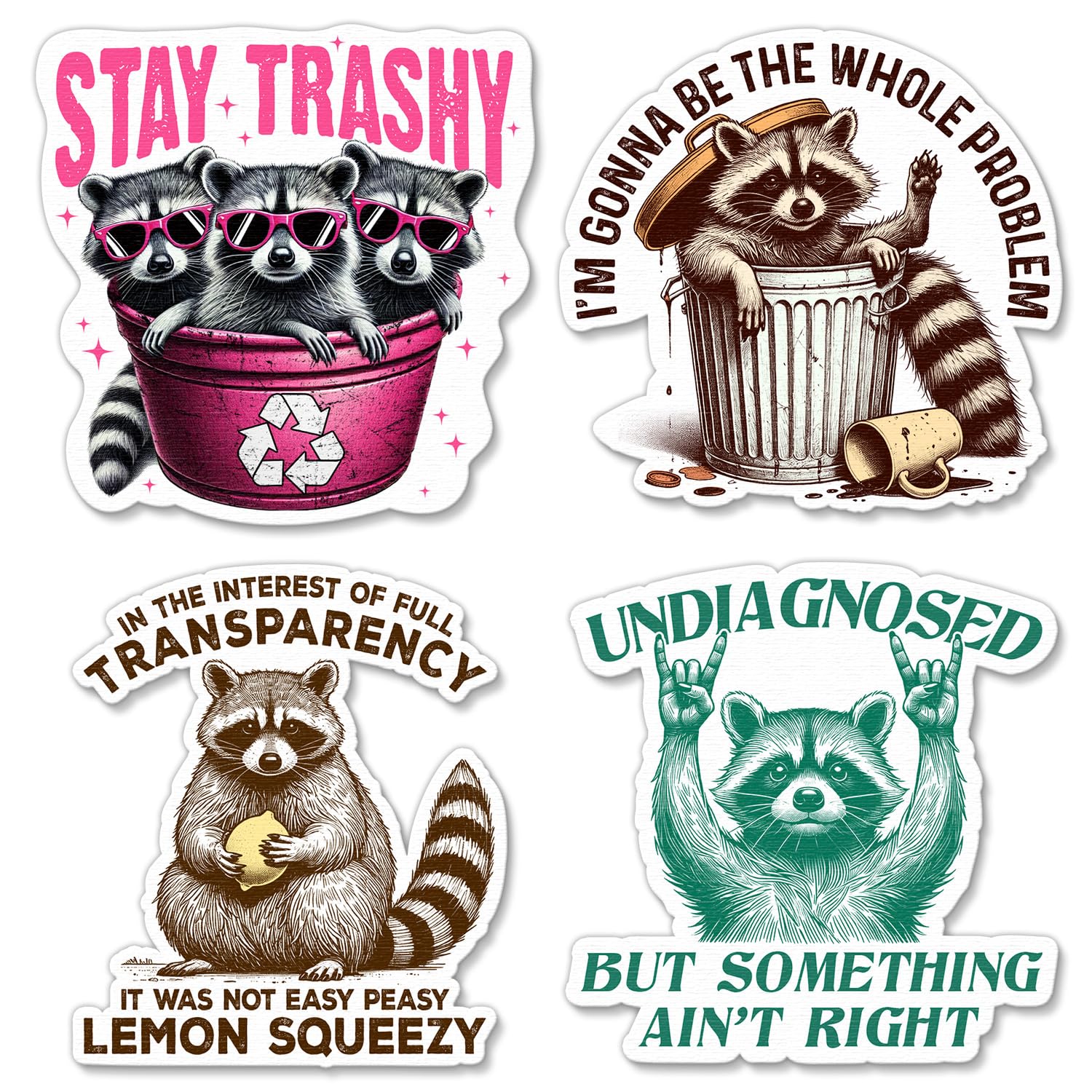 (4 Pcs) Funny Raccoon Sticker - Raccoon Gift, Stay Trashy, Sarcastic Humor Sticker for Laptop, Water Bottle, Phone, Journaling,