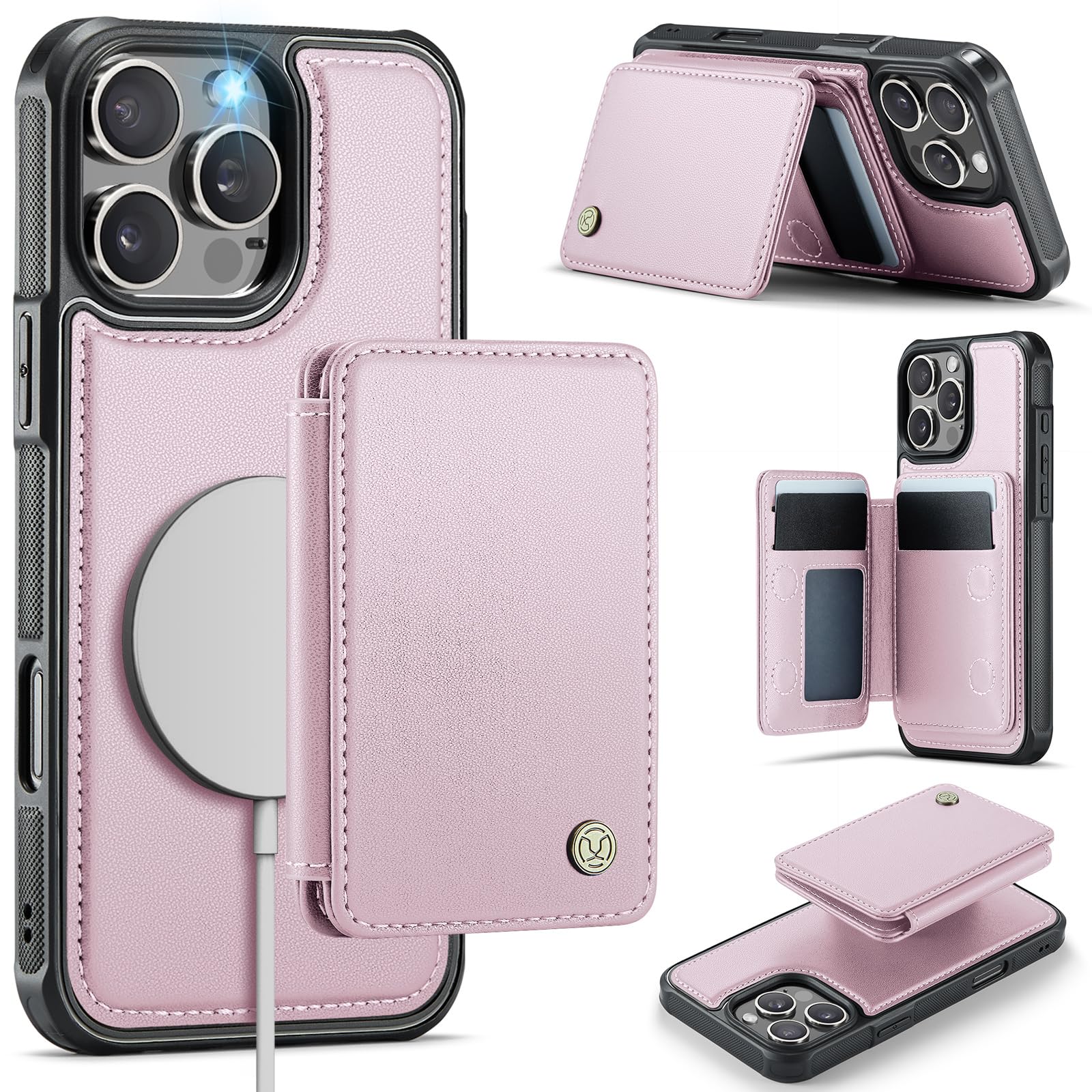 Usroom Compatible with Magsafe for iPhone 16 Pro Wallet Case Magnetic Card Holder, RFID Blocking 2 in 1 Detachable Kickstand Sho