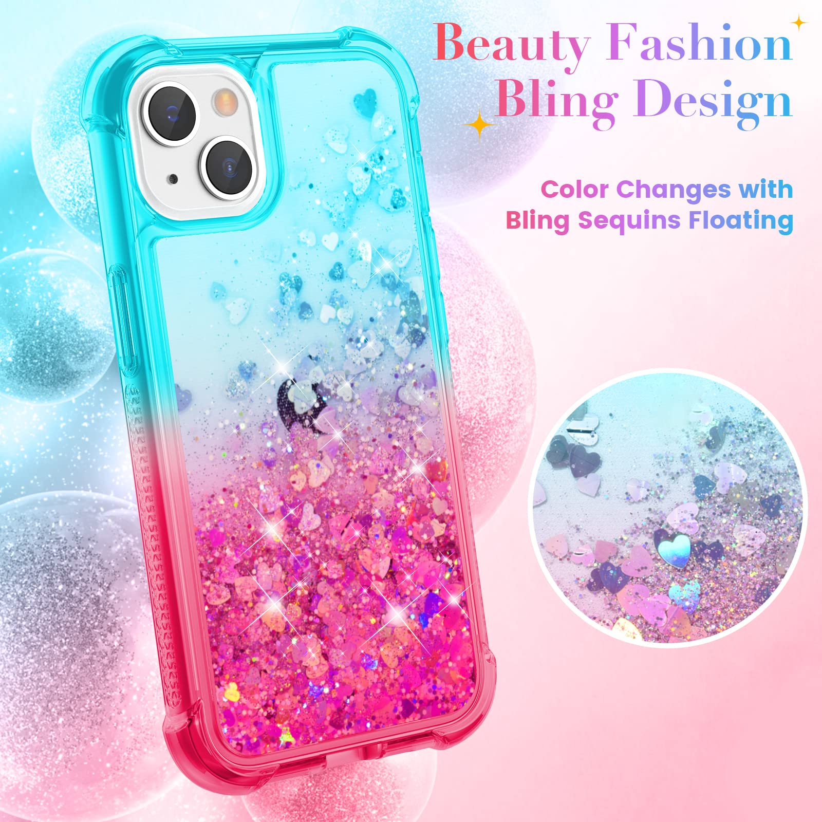 Ruky For Iphone 13 Glitter Case & Iphone 14 Glitter Case, Full Body Rugged Cover With Built In Screen Protector Shockproof Prote