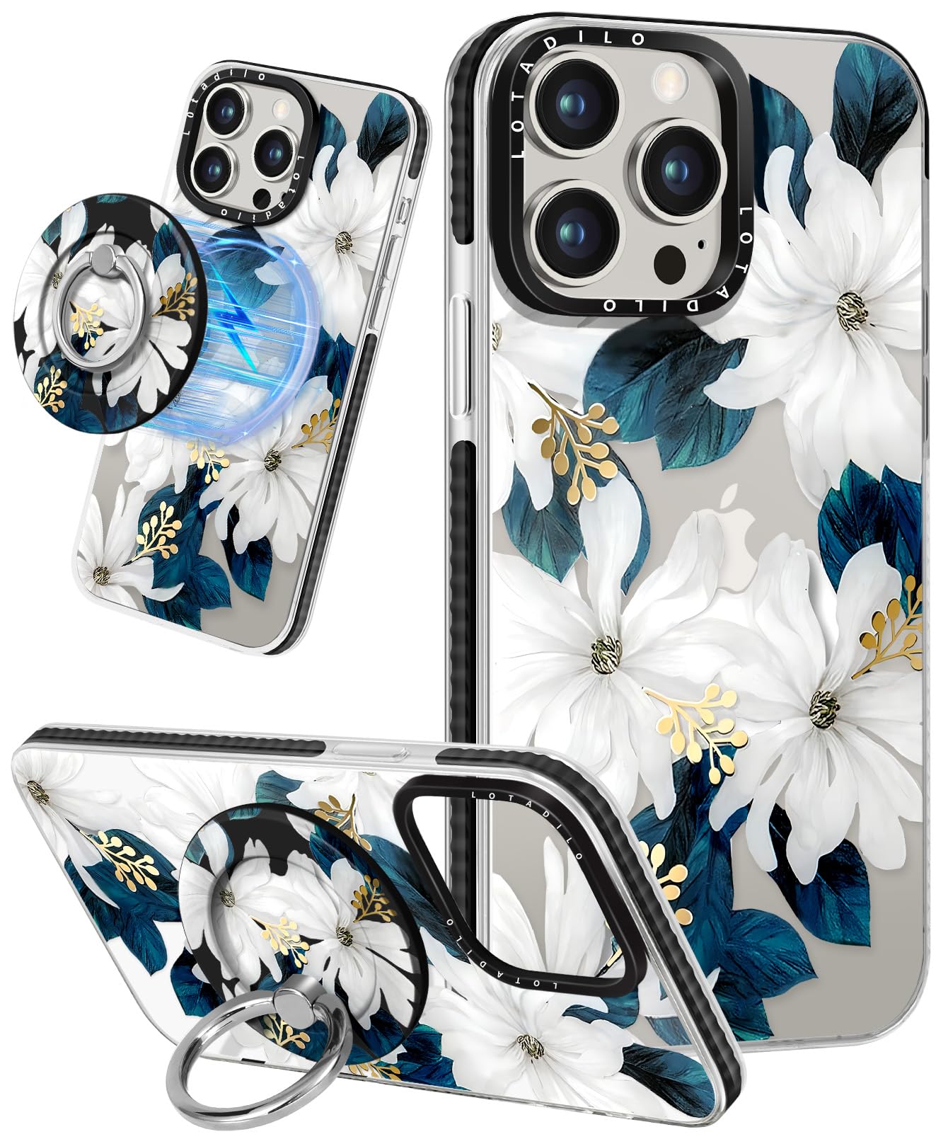 Lotadilo for iPhone 13 Pro Max Case for Women Girls - Cute Design Compatible with Magsafe Magnetic Ring Holder Stand Blue Flower