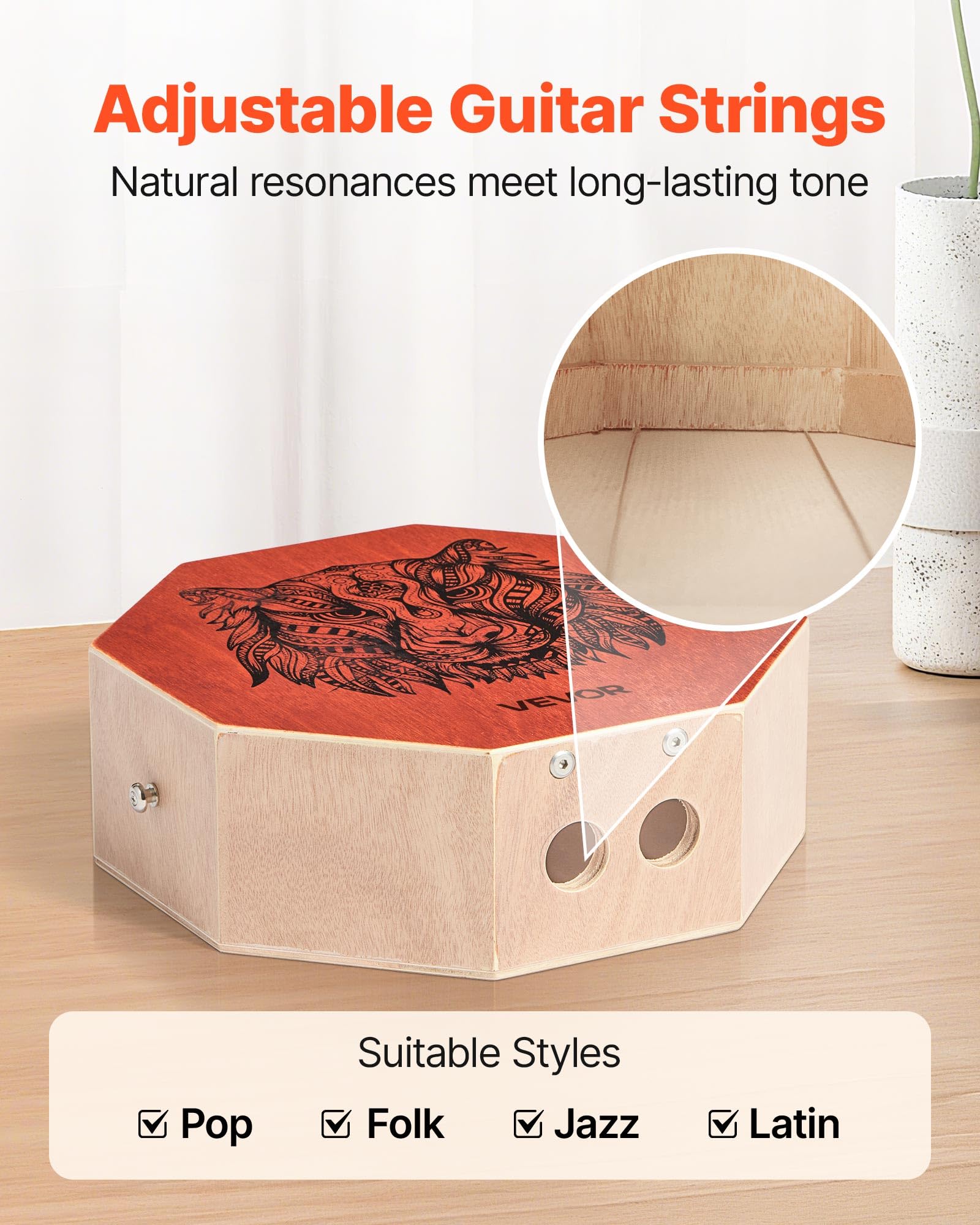 Vevor Three-Tone Cajon, Portable Travel Cajon Box Drum With Internal Guitar Strings Unique Birch Wood Drum Musical Instrument Fo
