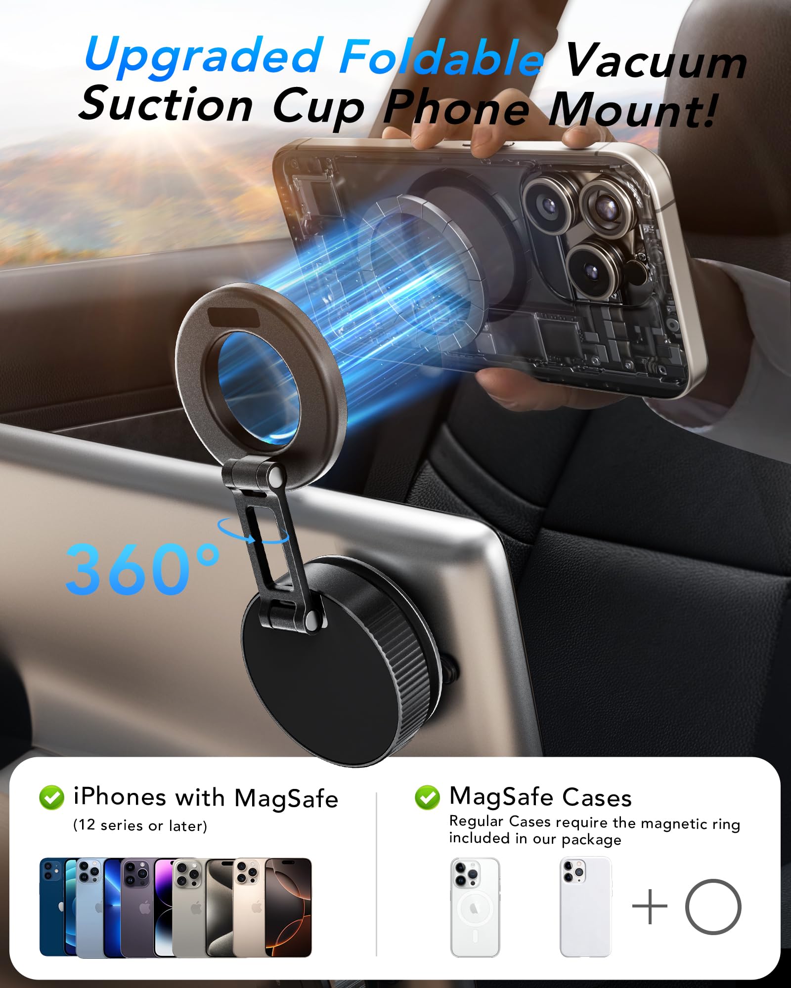 Uoboder 360 Foldable Vacuum Magnetic Phone Holder, Magnetic Car Phone Mount, Hands-Free Suction Cup Phone Holder For Smooth Surf