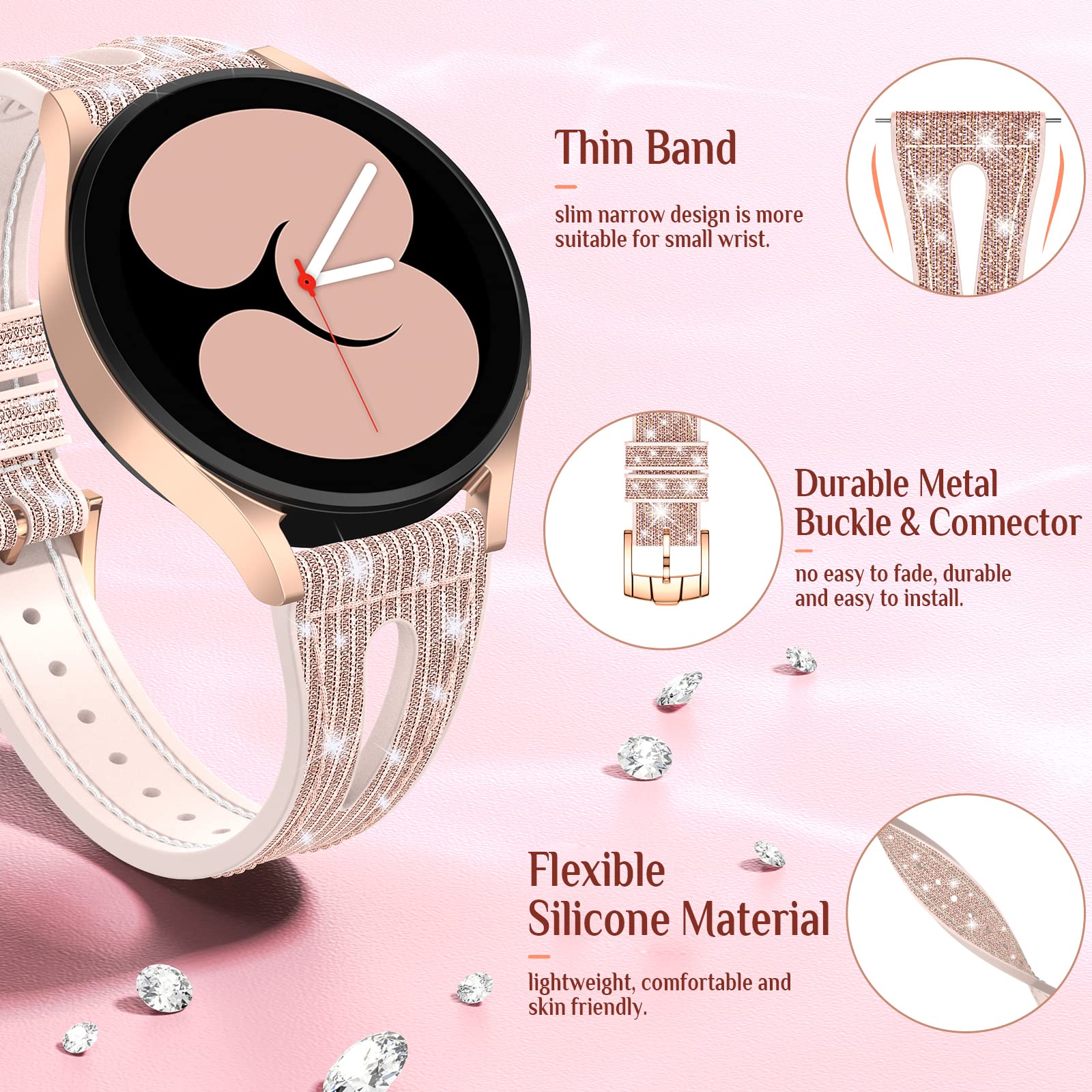 Goton Bling Silicone Band Compatible With Samsung Galaxy Watch Watch 7/6/5/4 Fe 40/44Mm, 6 Classic 47/43Mm, 5 Pro 45Mm, 4 Classi