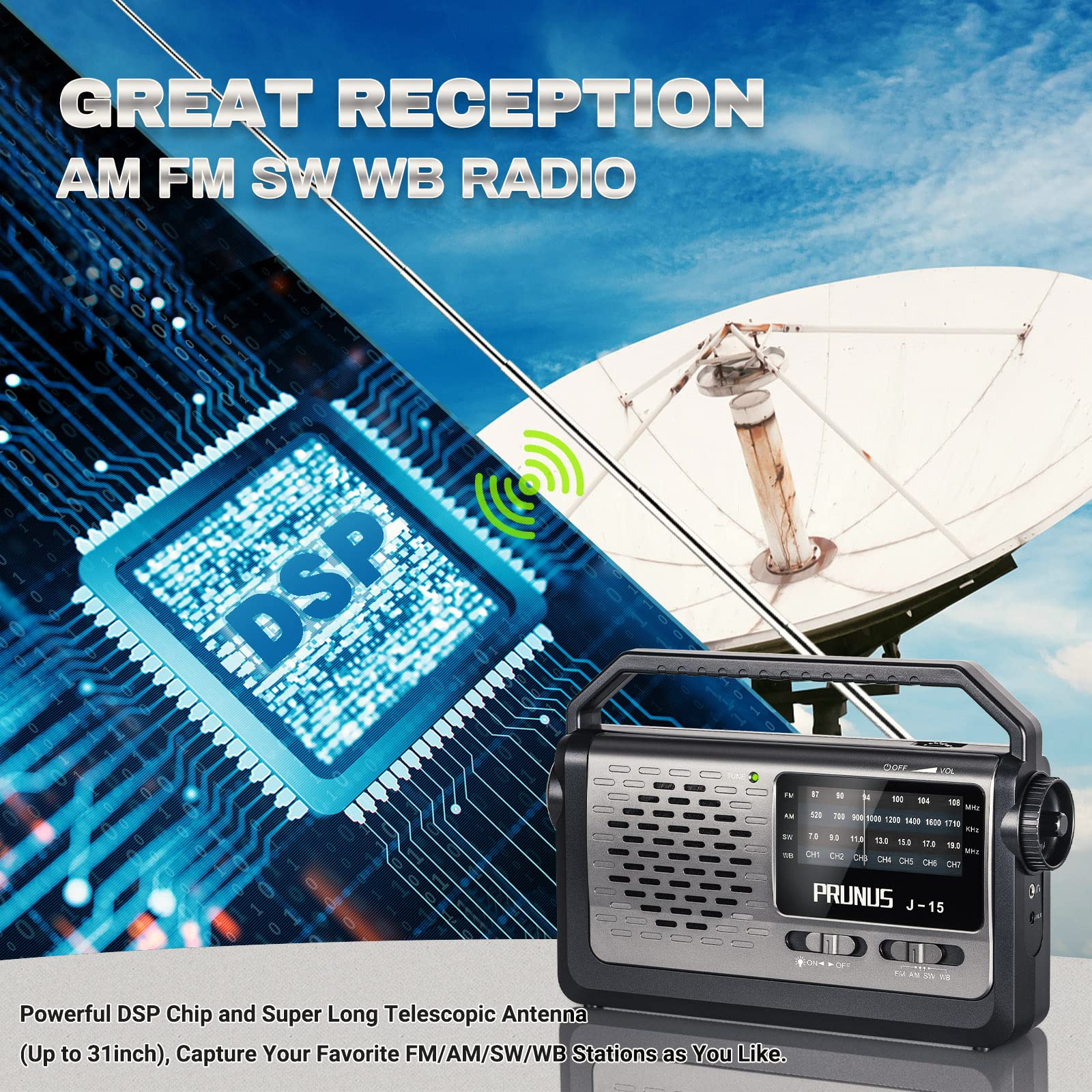 Noaa Weather Am Fm Portable Radio With Best Reception,Flashlight, Earphone Jack,Battery Operated Radio By 3X D Cell Batteries Or Ac Power For Ice Storms Emergency Use,Plug In Wall By Prunus J15Wb