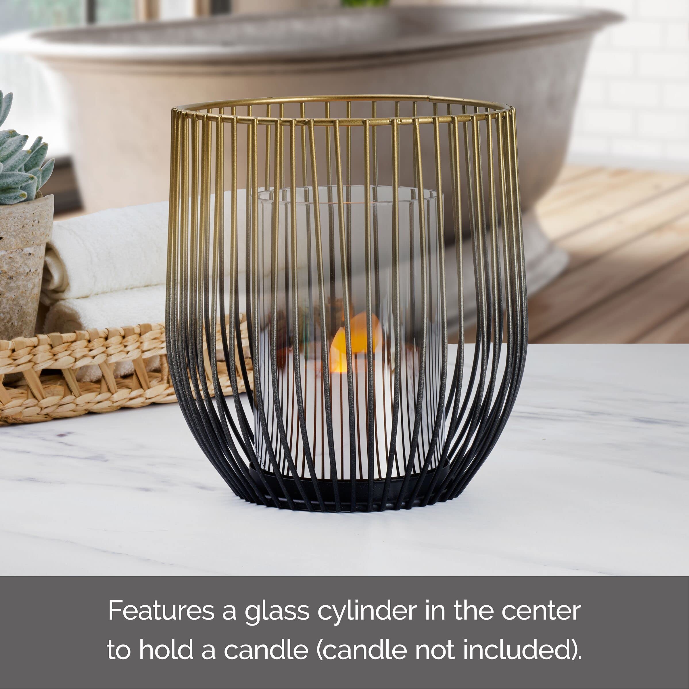 Elements 6.1X6.1X6.89 Inch Gold And Black Wire With Clear Glass Candleholder, For Use With Wax Or Flameless Candle