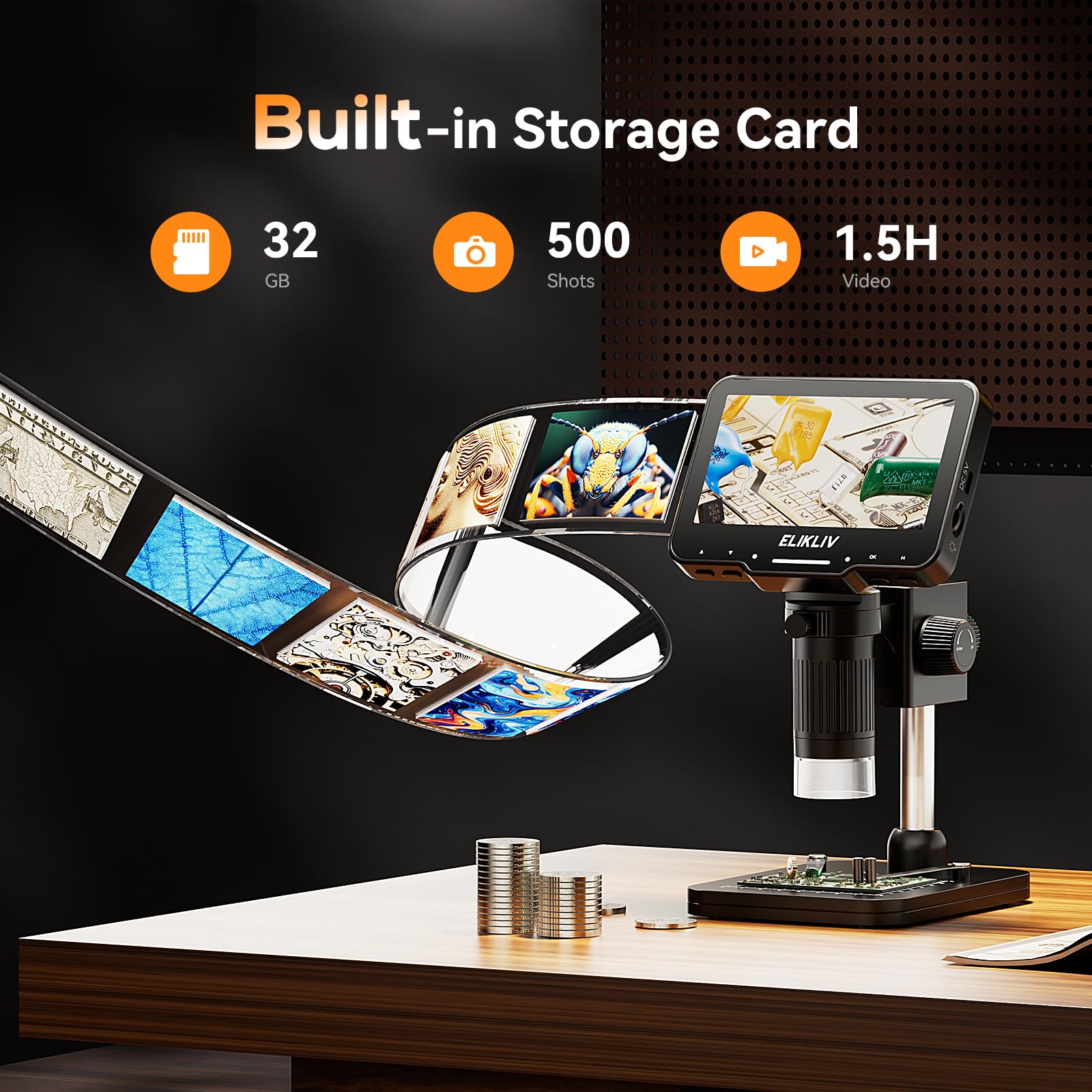 Elikliv Coin Microscope Edm4 Max, 4.3'' Lcd Digital Microscope1000X, Coin Magnifier With 8 Adjustable Led Lights, Coin Microscop