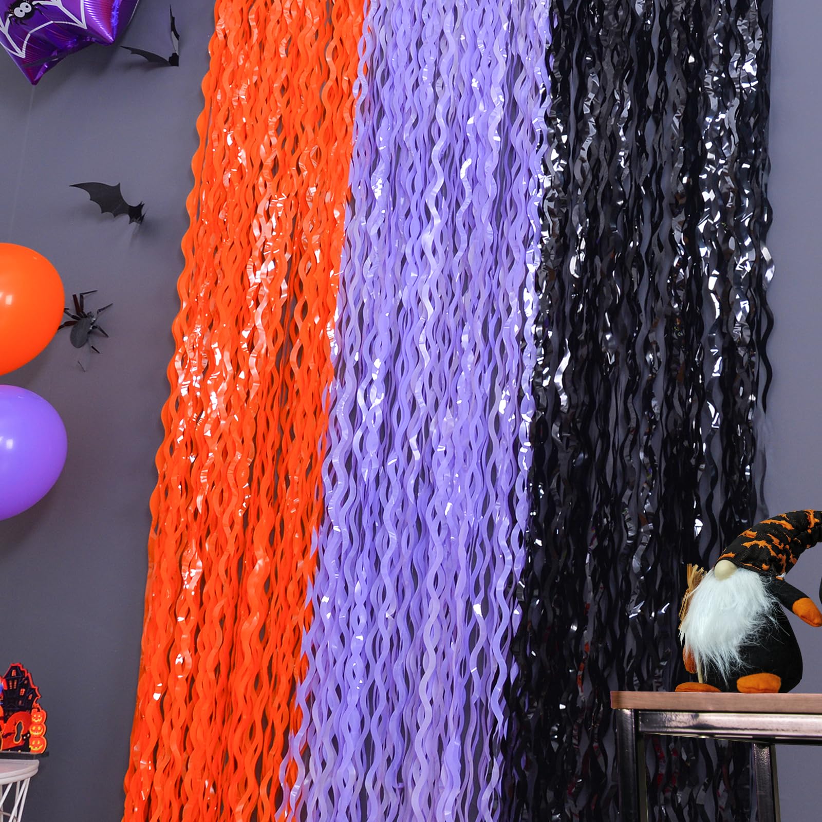 Mega L Halloween Foil Fringe Curtains, 3 Pack Orange Purple Black Photo Booth Props, 18 Pcs Pvc Bat & Spider Stickers Wall Decal