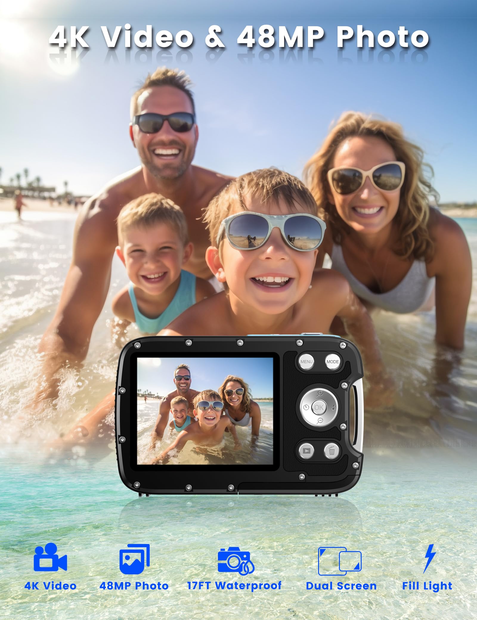 Yeein Underwater Camera 4K 48Mp Autofocus Selfie Dual Screen Waterproof Camera With Floating Strap And 32Gb Card, 17Ft Compact W