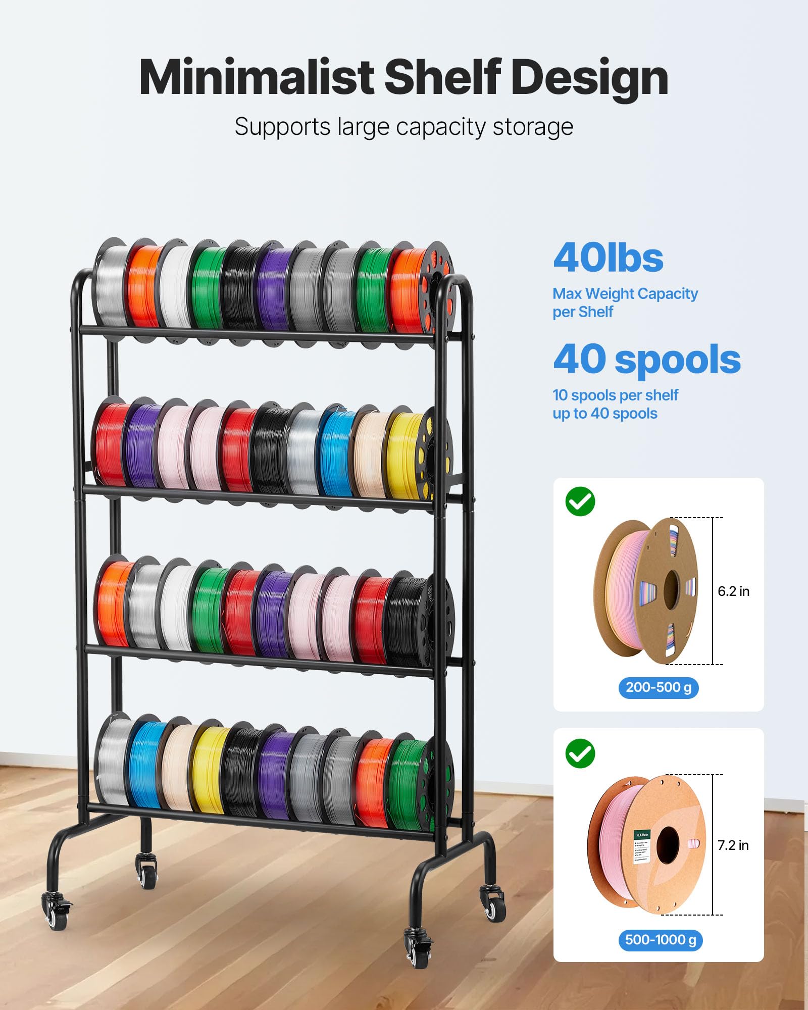 Vevor 3D Printer Filament Storage Rack, 4 Tier Heavy Duty Storage Shelf, Rolling Filament Spool Holders Racks With Wheels, Filam