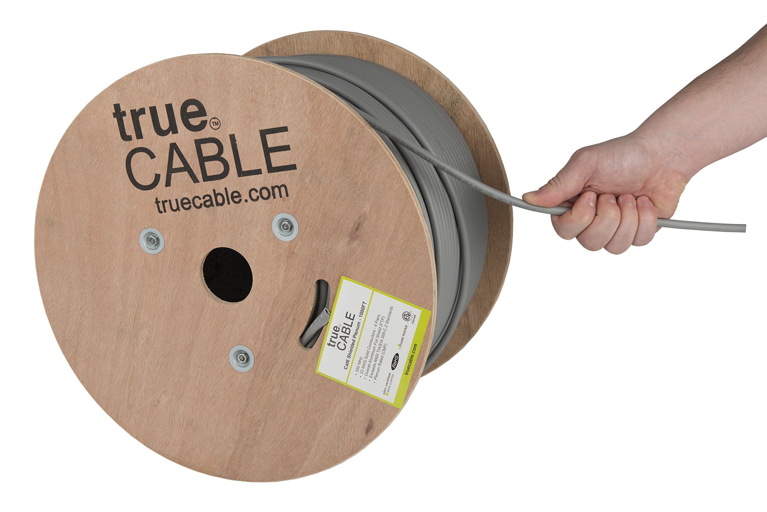 Truecable Cat6 Plenum Shielded (Cmp), 1000Ft, Gray, 23Awg Solid Bare Copper, 550Mhz, Poe++ (4Ppoe), Etl Listed, Overall Aluminum Foil Shield (F/Utp), Bulk Ethernet Cable