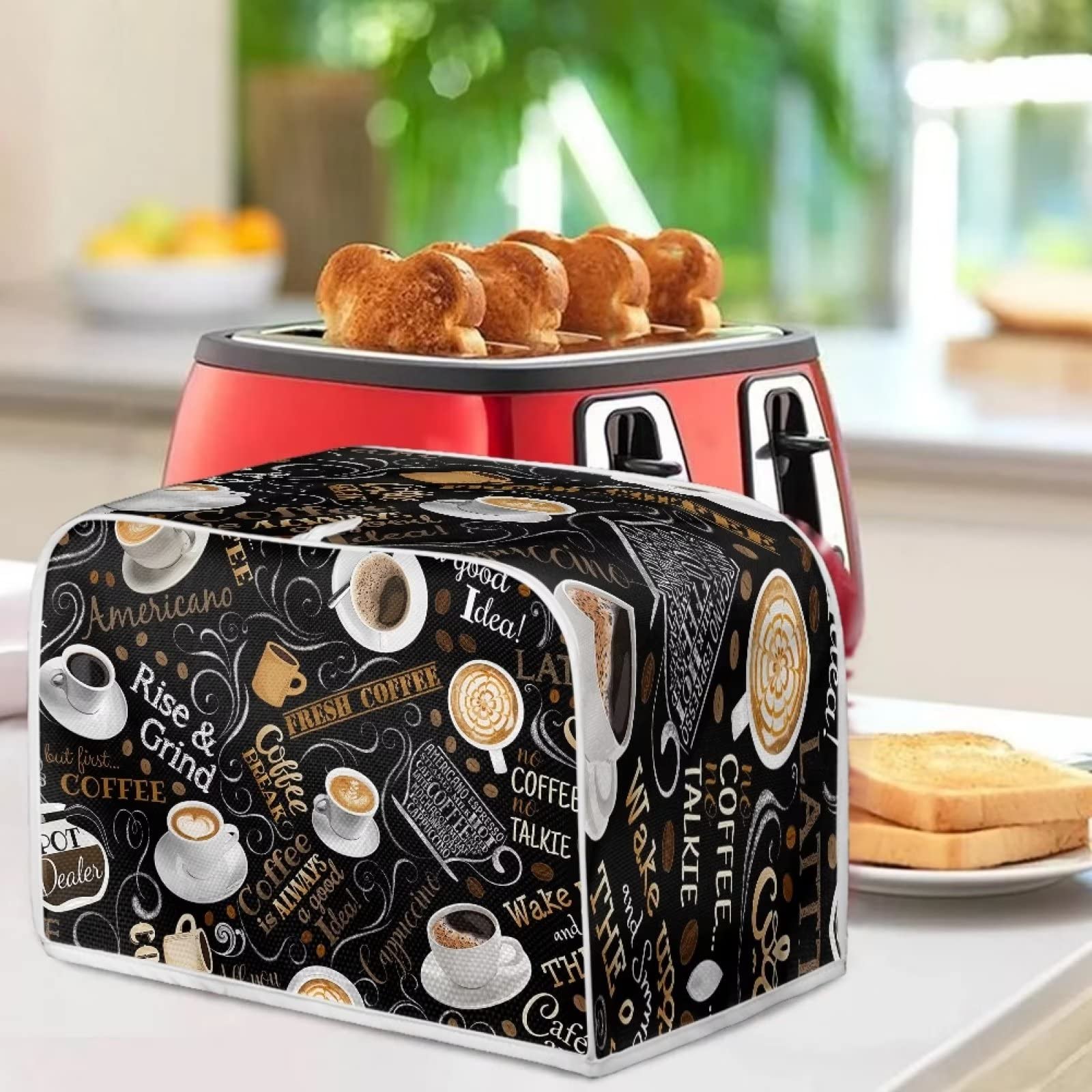 Uniceu Coffee Pattern Toaster Cover, Quilted Toaster Cover Fits For Most Standard 4 Slice Toasters Kitchen Small Appliance Cover