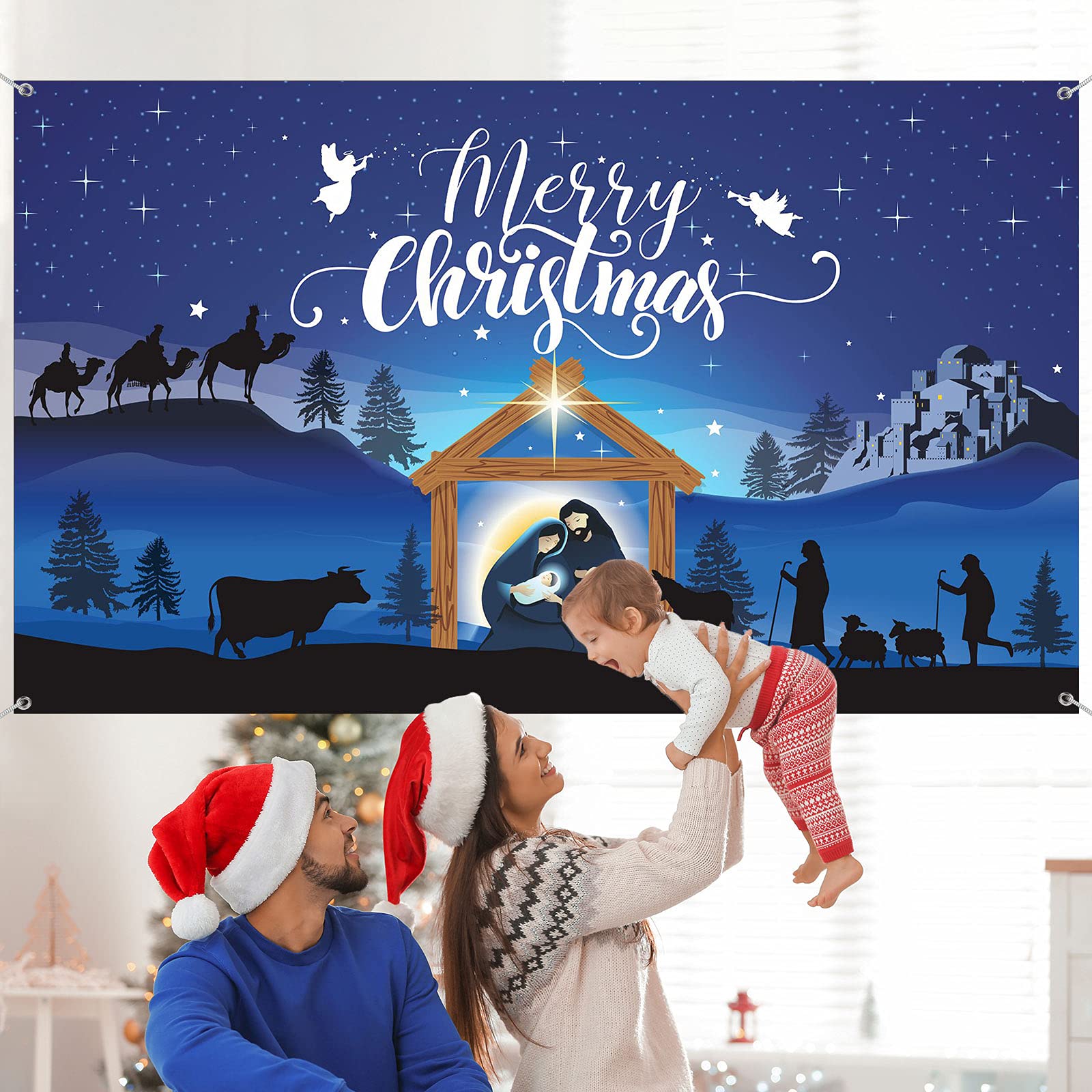 Merry Christmas Nativity Scene Banner   Large Blue Backdrop For Christmas Party Photography Booth   72.8 X 43.3 Inch