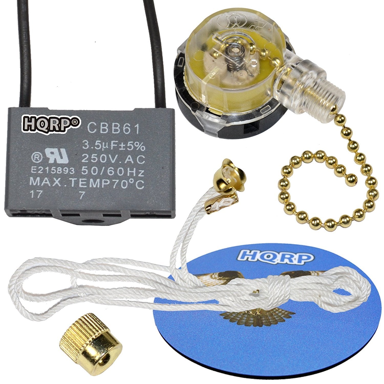Hqrp Kit Ceiling Fan Capacitor Cbb61 3.5Uf 2 Wire Ul Listed And 3 Speed Fan Switch