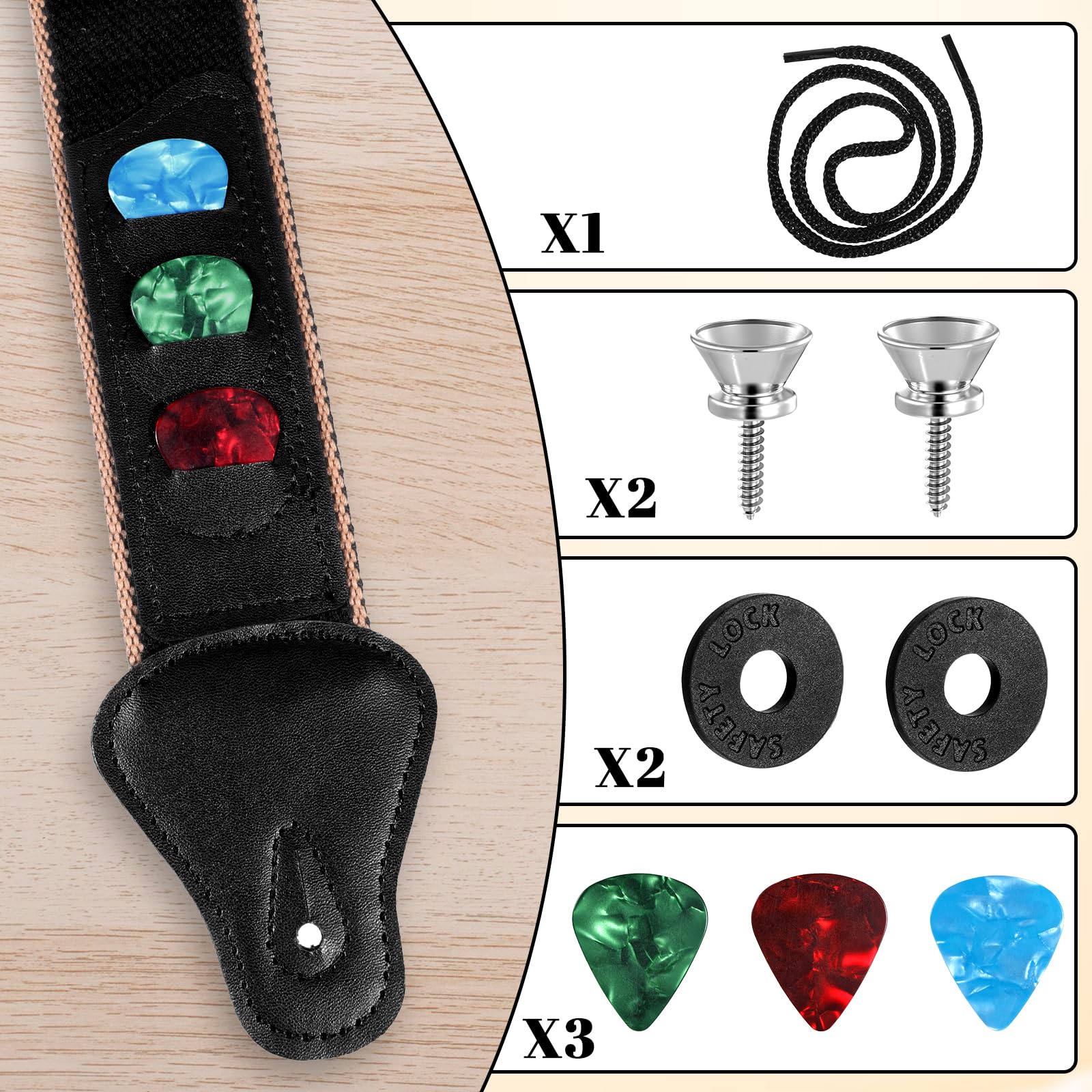 Acoustic Guitar Strap, Pu Leather Ends Guitar Accessories With 2 Buttons 2 Locks 3 Guitars Picks Pick Soft Cotton Leather Guitar