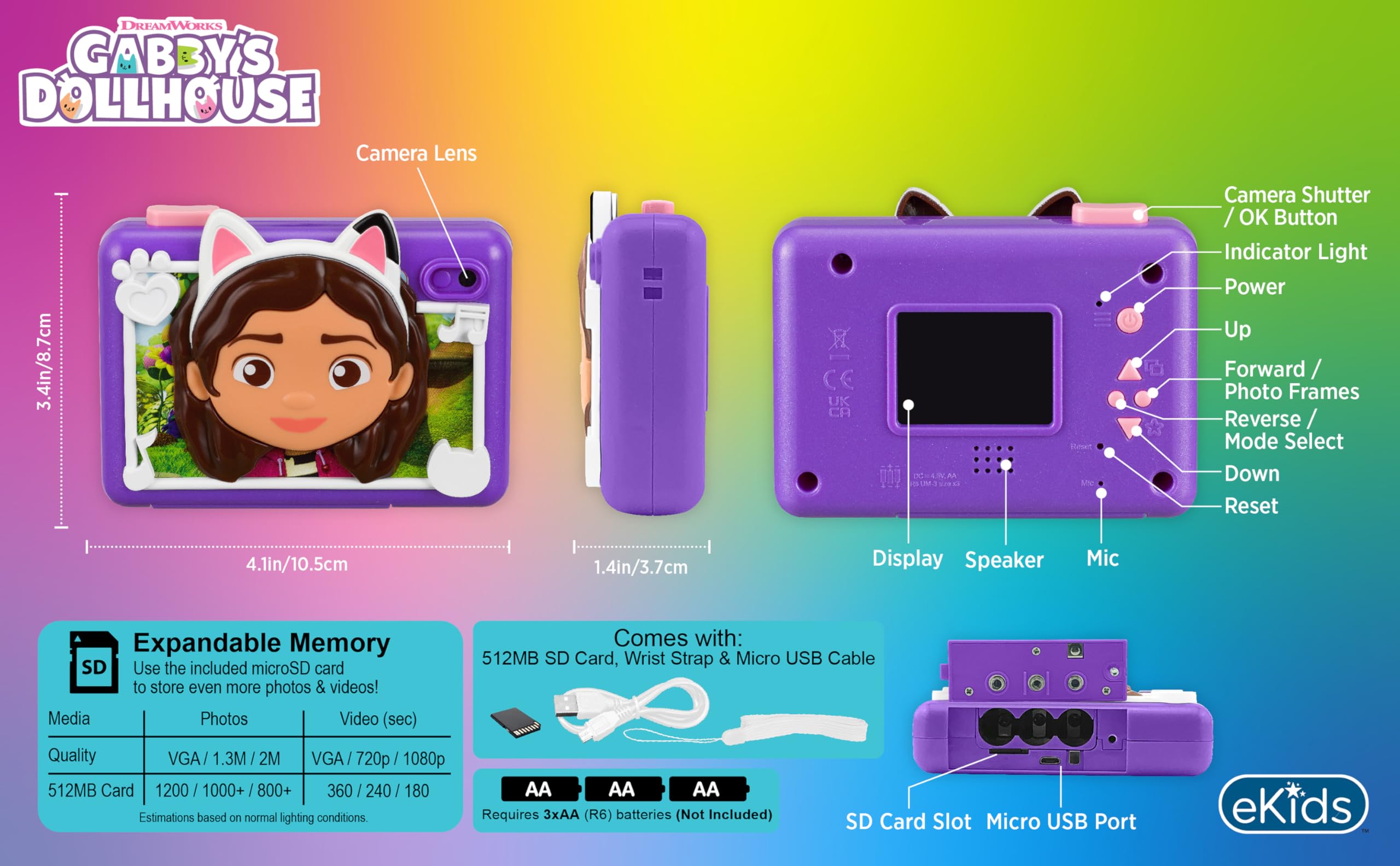 Ekids Gabbys Dollhouse Kids Camera With Sd Card, Digital Camera For Kids With Video Recording, Built-In Digital Stickers For Fan