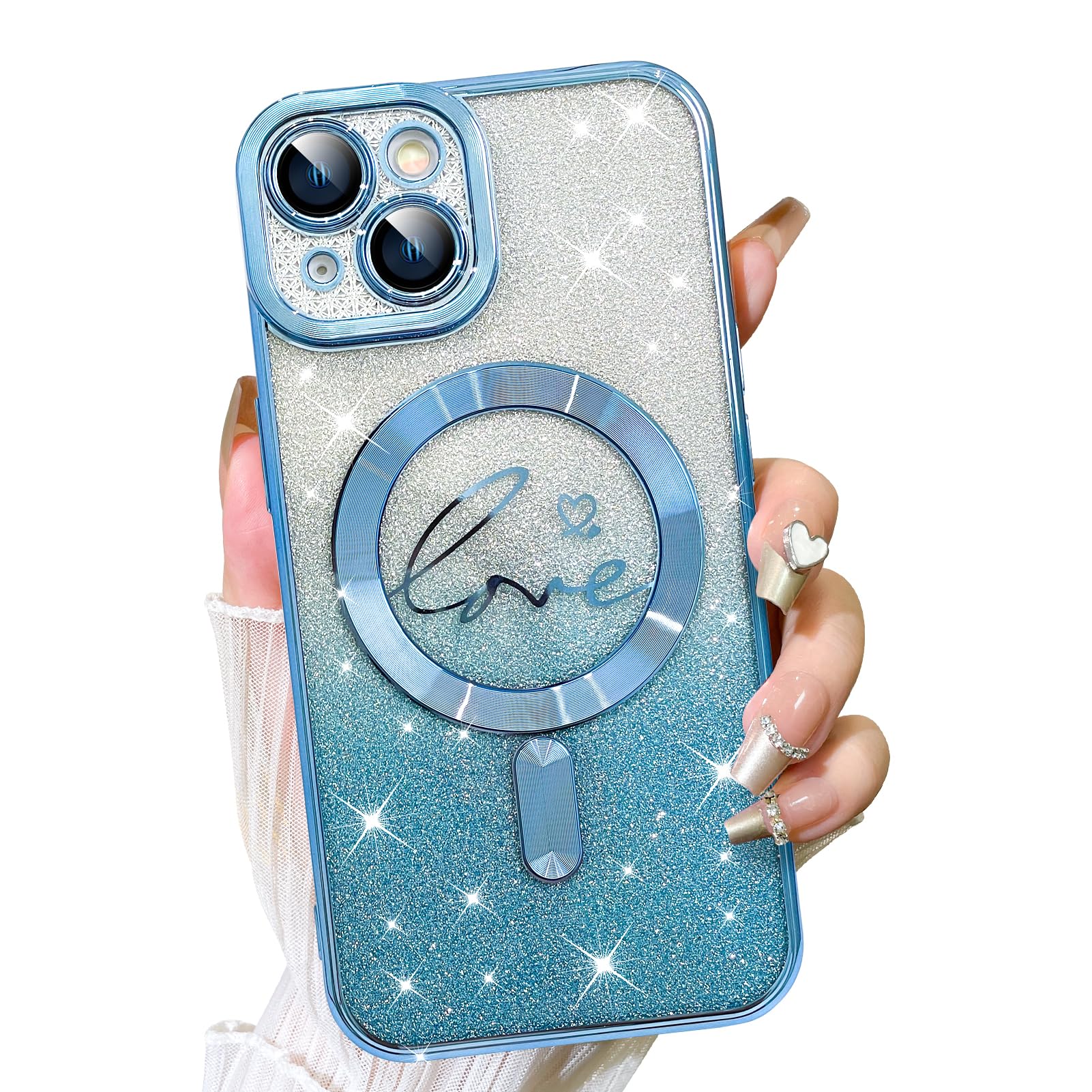 Fiyart Designed For Iphone 14 Case,Compatible With Magsafe Love Heart Plating Camera Protection Clear Phone Case, Magnetic Glitt