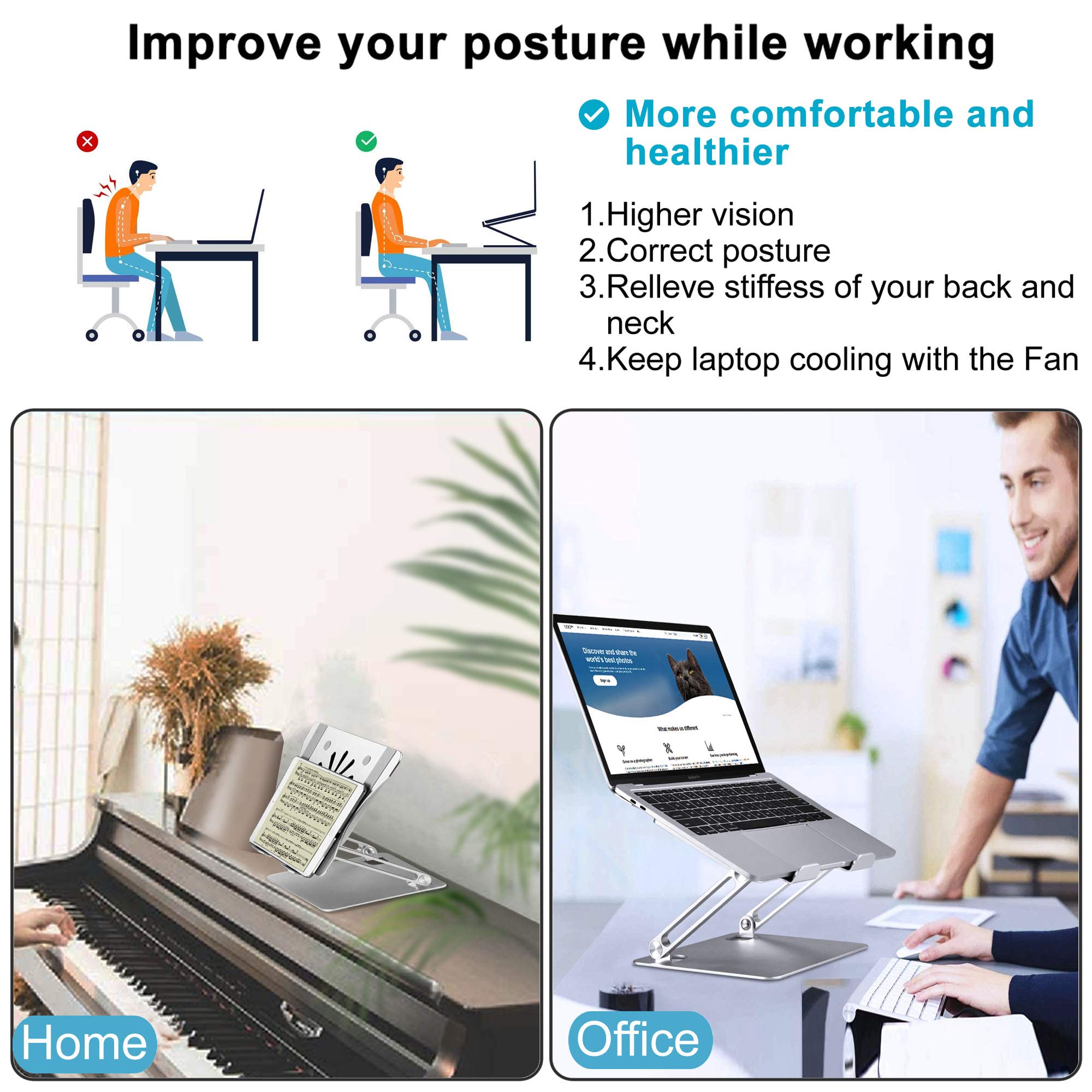 Adjustable Laptop Stand With Cooling Fan, Aluminium Alloy Multi Angle Computer Holder For Desk, Portable Notebook Metal Mount Co