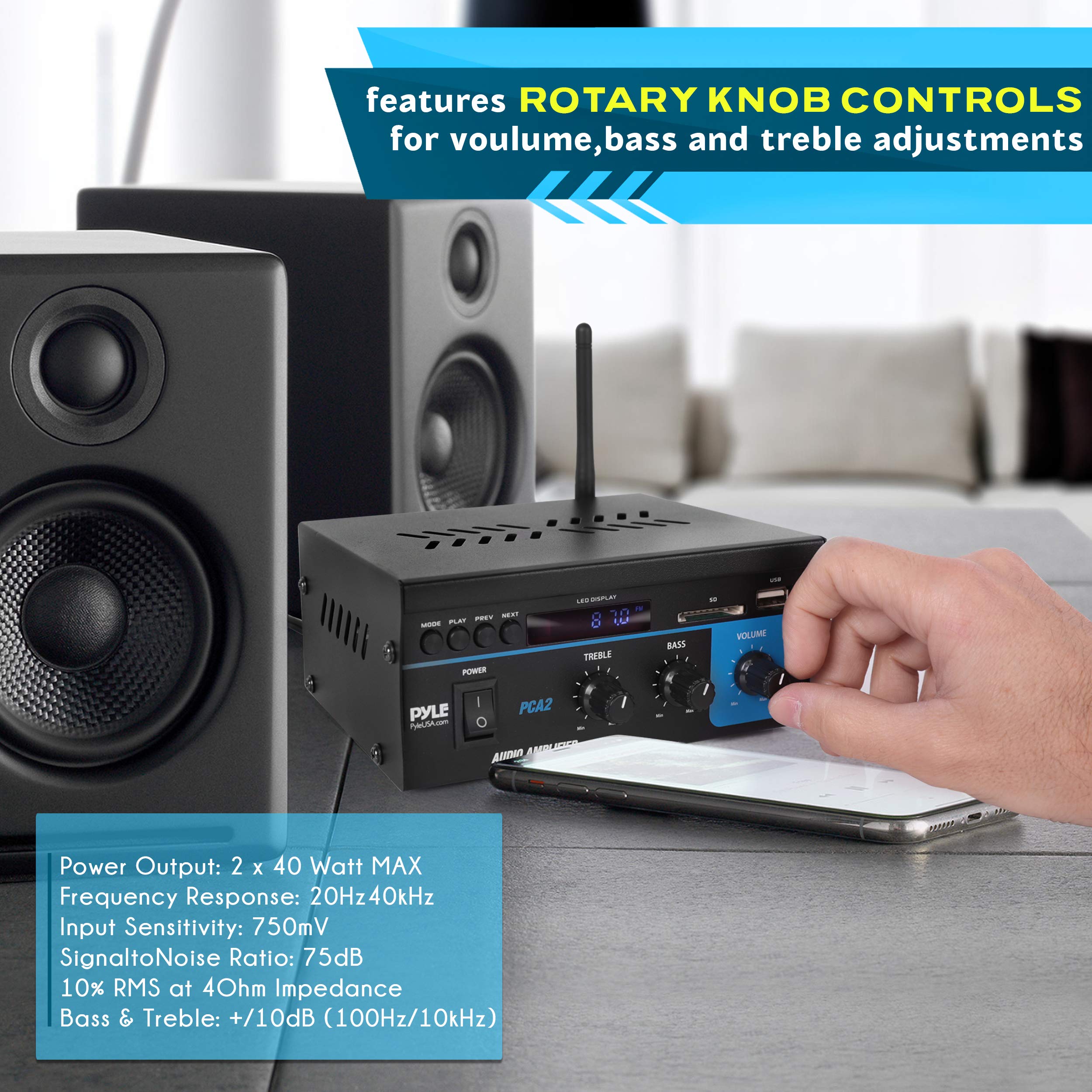 Pyle Home Home Audio Power Amplifier System 2X40W Mini Dual Channel Sound Stereo Receiver Box W/ Led For Amplified Speakers, Cd