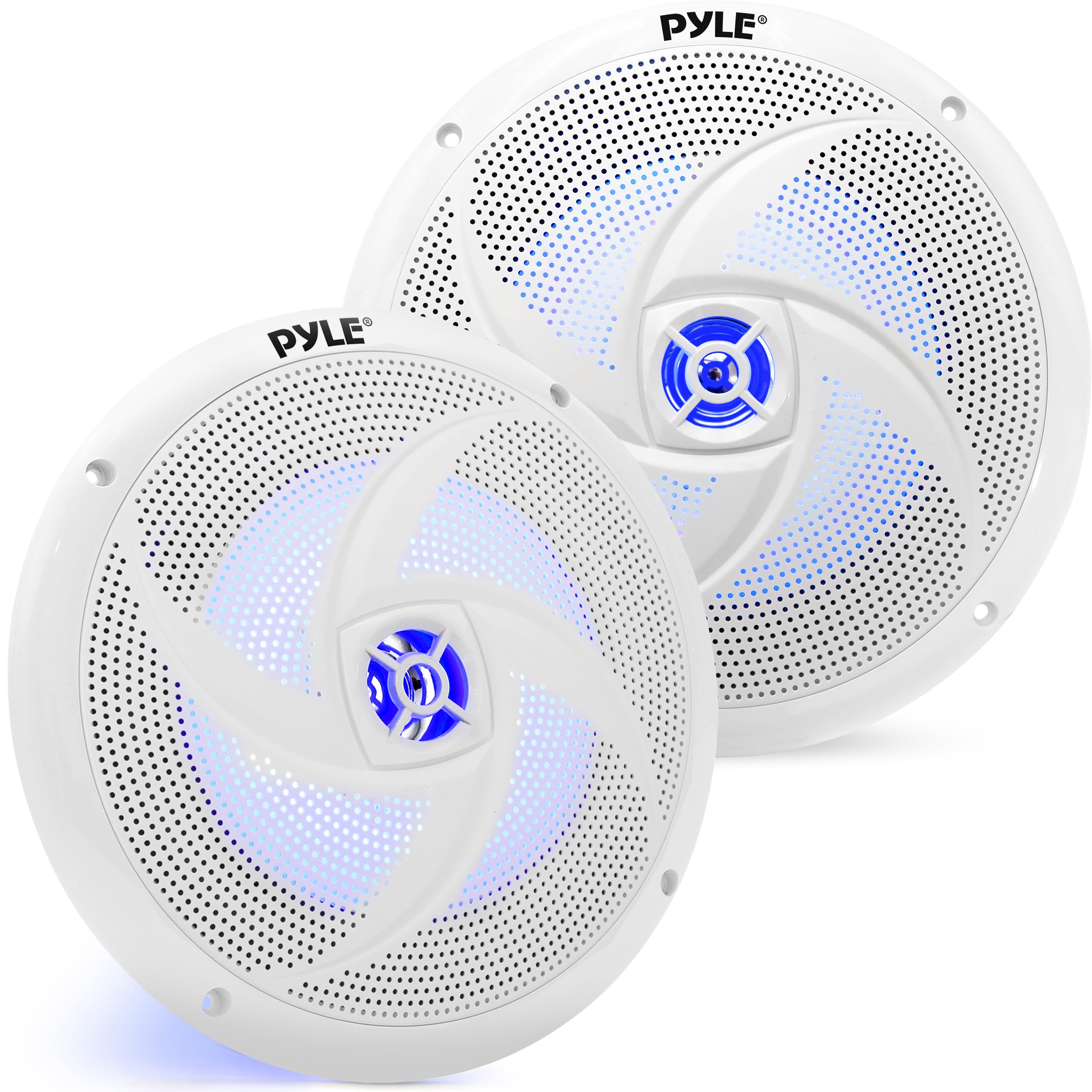 PyleUsa 8 Inch Marine Speakers - 2 Way Full Range Stereo Sound, 160 Watt, White - LED Light: Blue Illumination, Water-Resistant