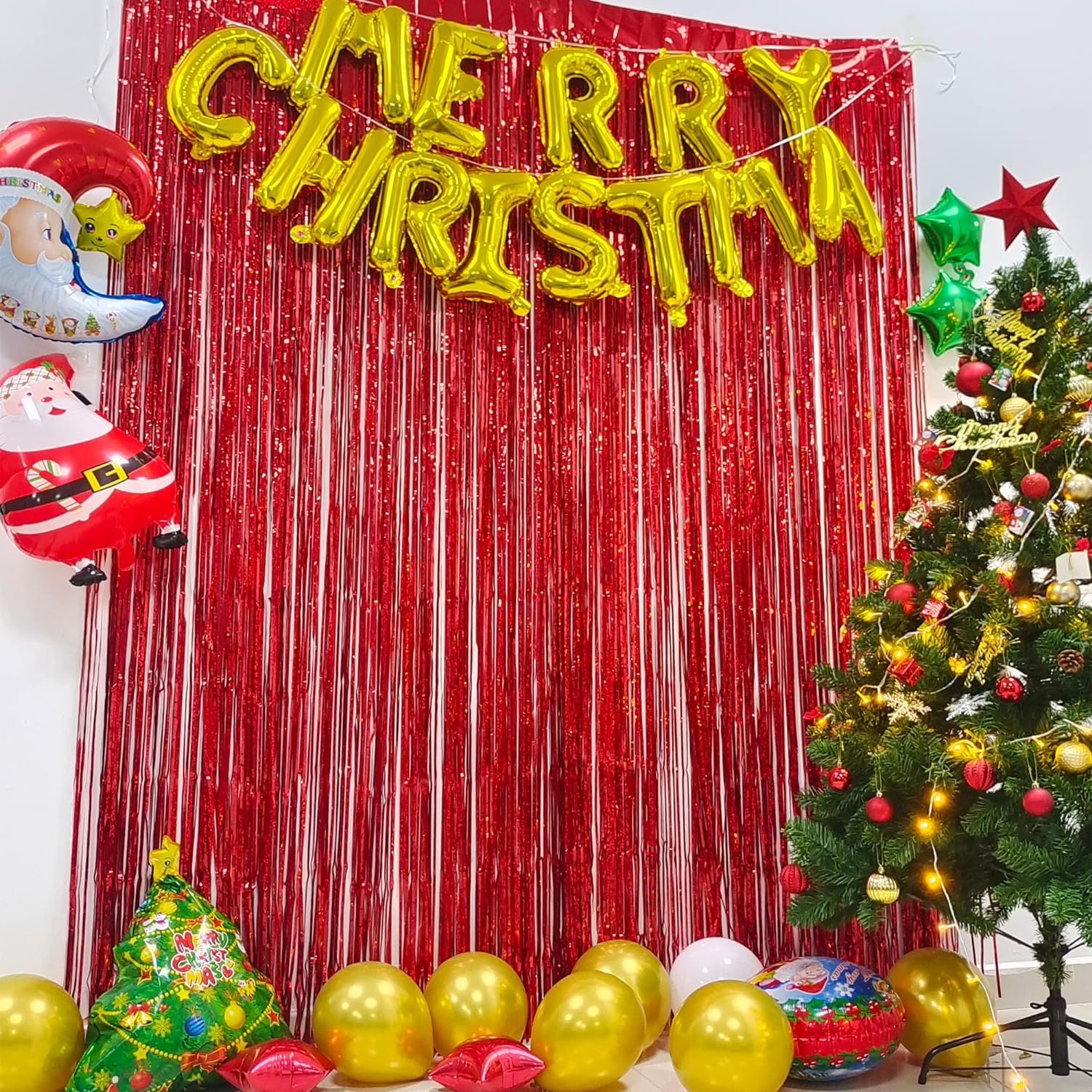Foil Fringe Curtain Christmas Party Decorations - Red Metallic Tinsel Photo Booth Backdrop Party Steamers Curtains For Christmas