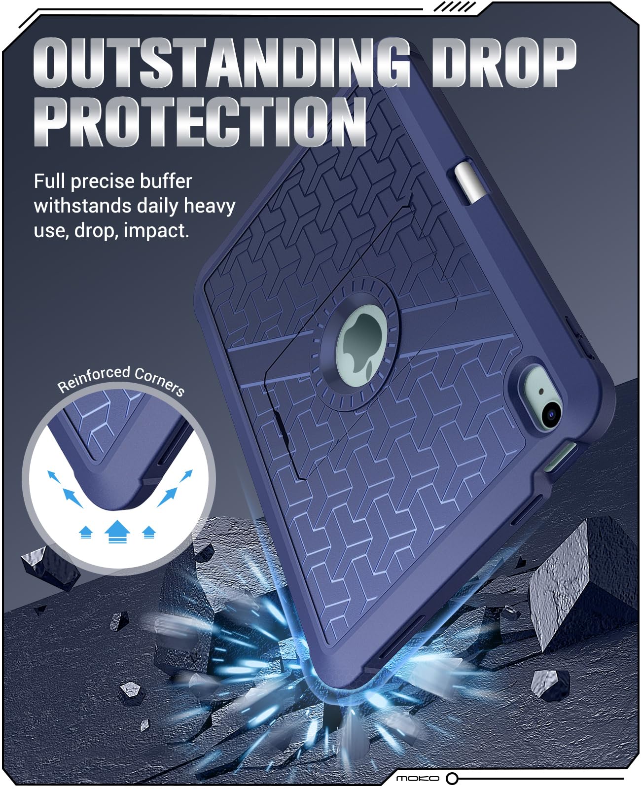 MoKo For iPad Air 6th Generation 11 Inch Case M2 2024, iPad Air 5th/4th Gen 2022/2020, Heavy Duty Shockproof Full Body Cover with Built in Screen Protector & Pencil Holder for iPad Air 6/5/4,Navy Blue