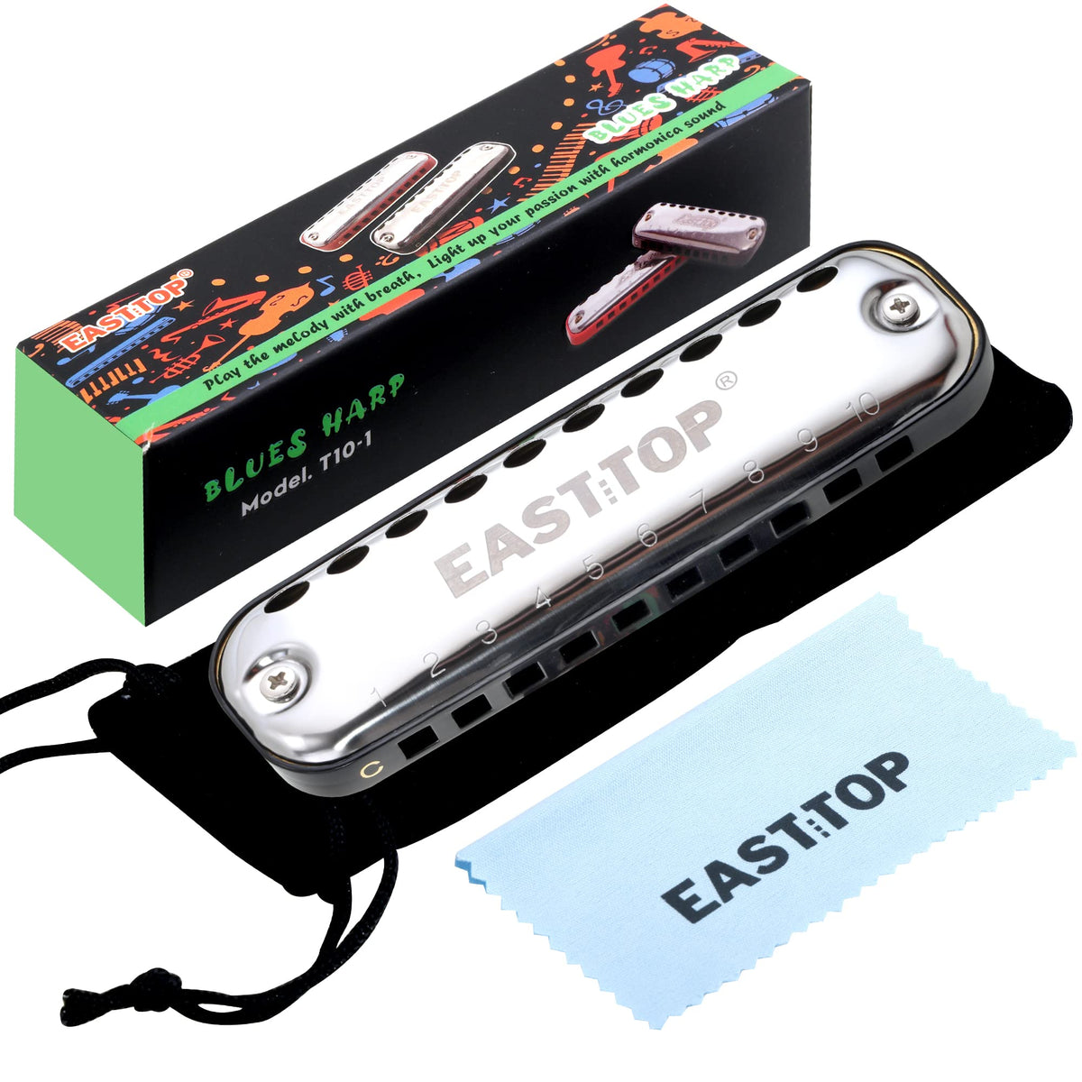 East Top Junior Harmonica,Smoothly Rounded Edge 10 Holes C Key Blues Mouth Organ Harmonica For Kids And Children As Gift,With Fa