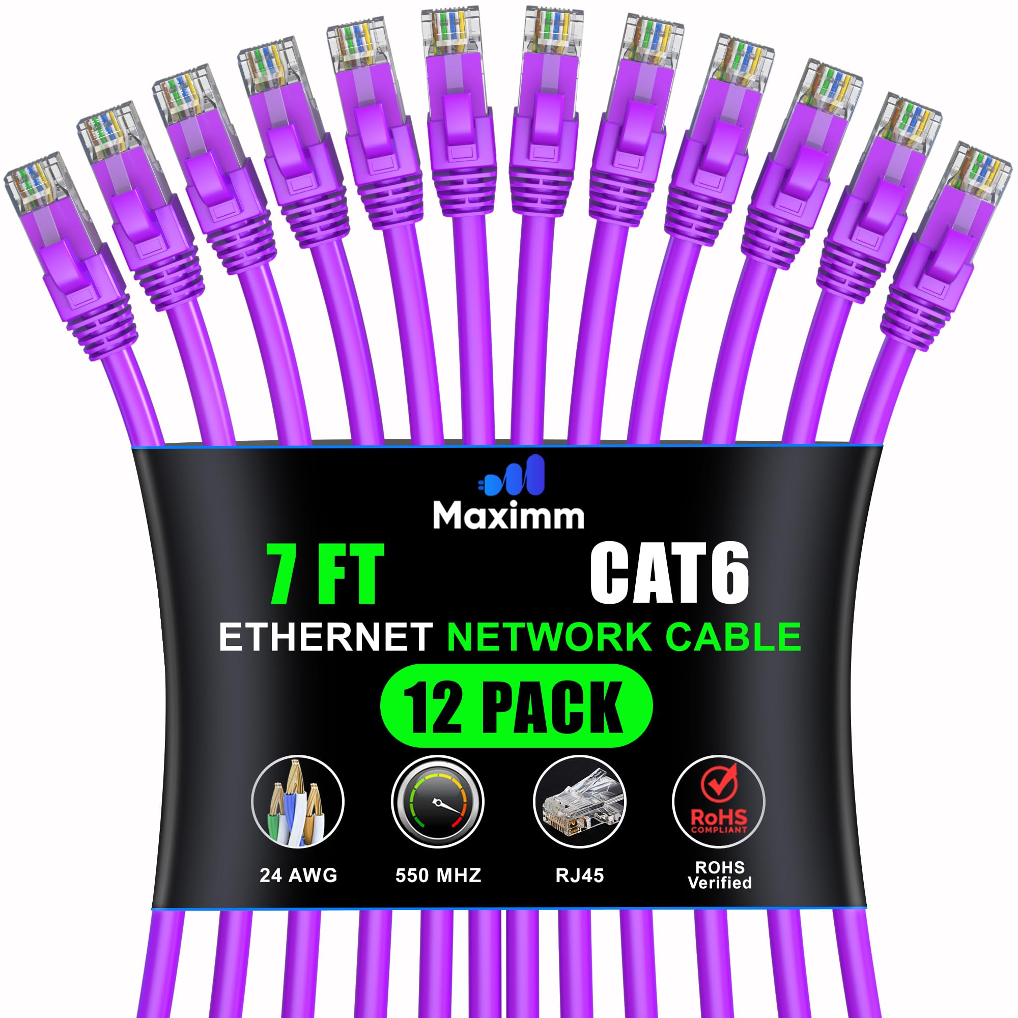 Maximm Cat 6 Ethernet Cable 7 Ft (12 Pack)   High Speed Lan Cable, Internet Cable, Patch Cable, And Network Cable   Utp, 10Gbps, 550Mhz Ethernet Cord   Purple