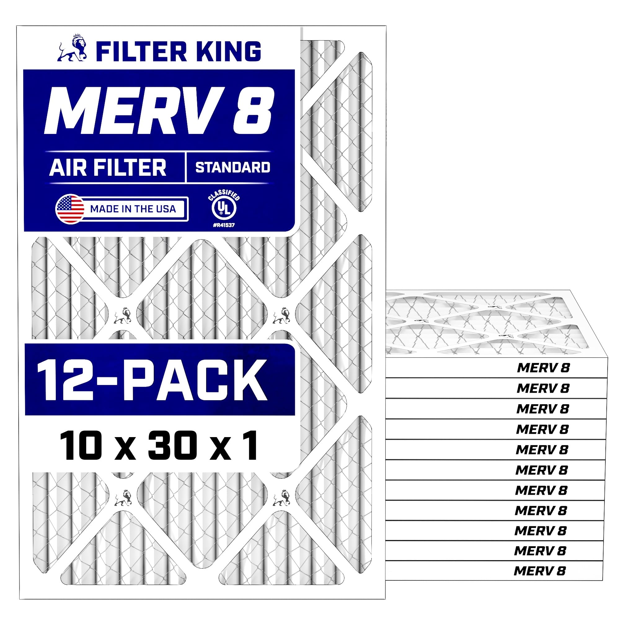 Filter King 10x30x1 Air Filter (MERV 8) (12-Pack) Dust & Allergy Control AC Furnace Filters, MADE IN USA, HVAC, Pleated, Electro
